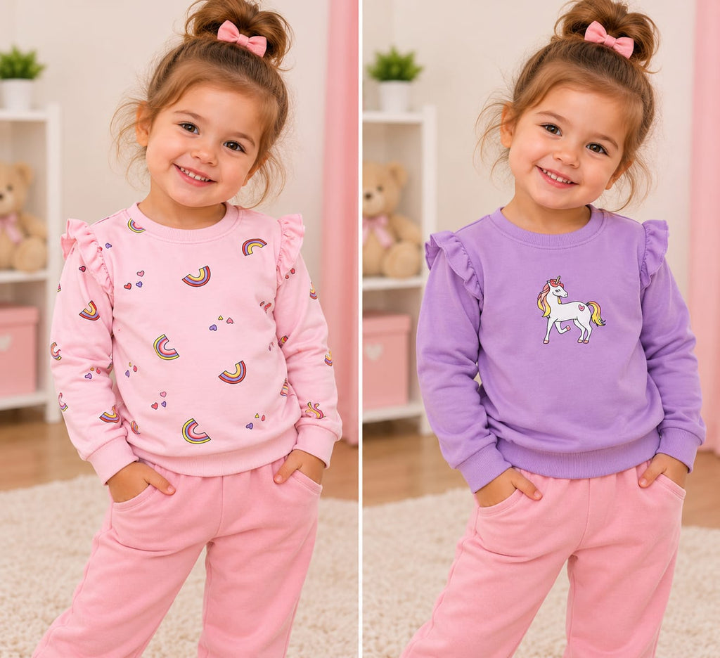 Set 2 bluze cu mânecă lungă pentru fetițe – Unicorn și Curcubeu
