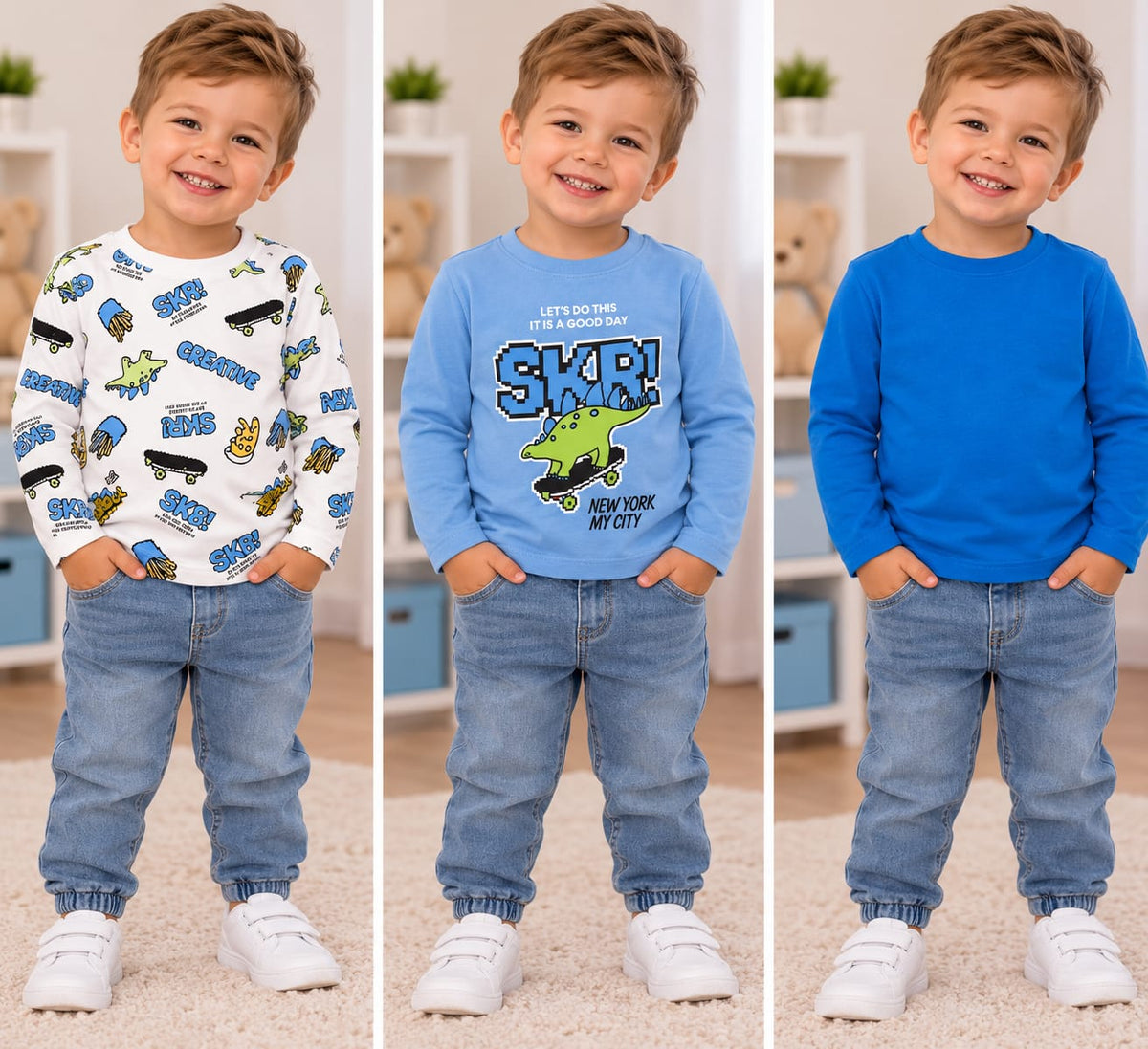 Set 3 bluze băieți cu mânecă lungă – imprimeu dinozaur