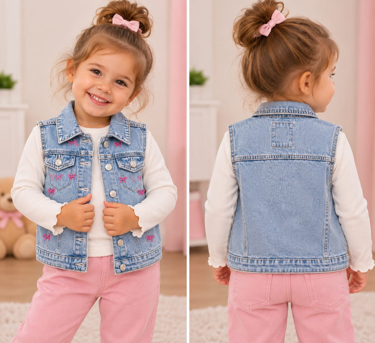 Vestă din denim pentru fetițe, cu fundițe roz