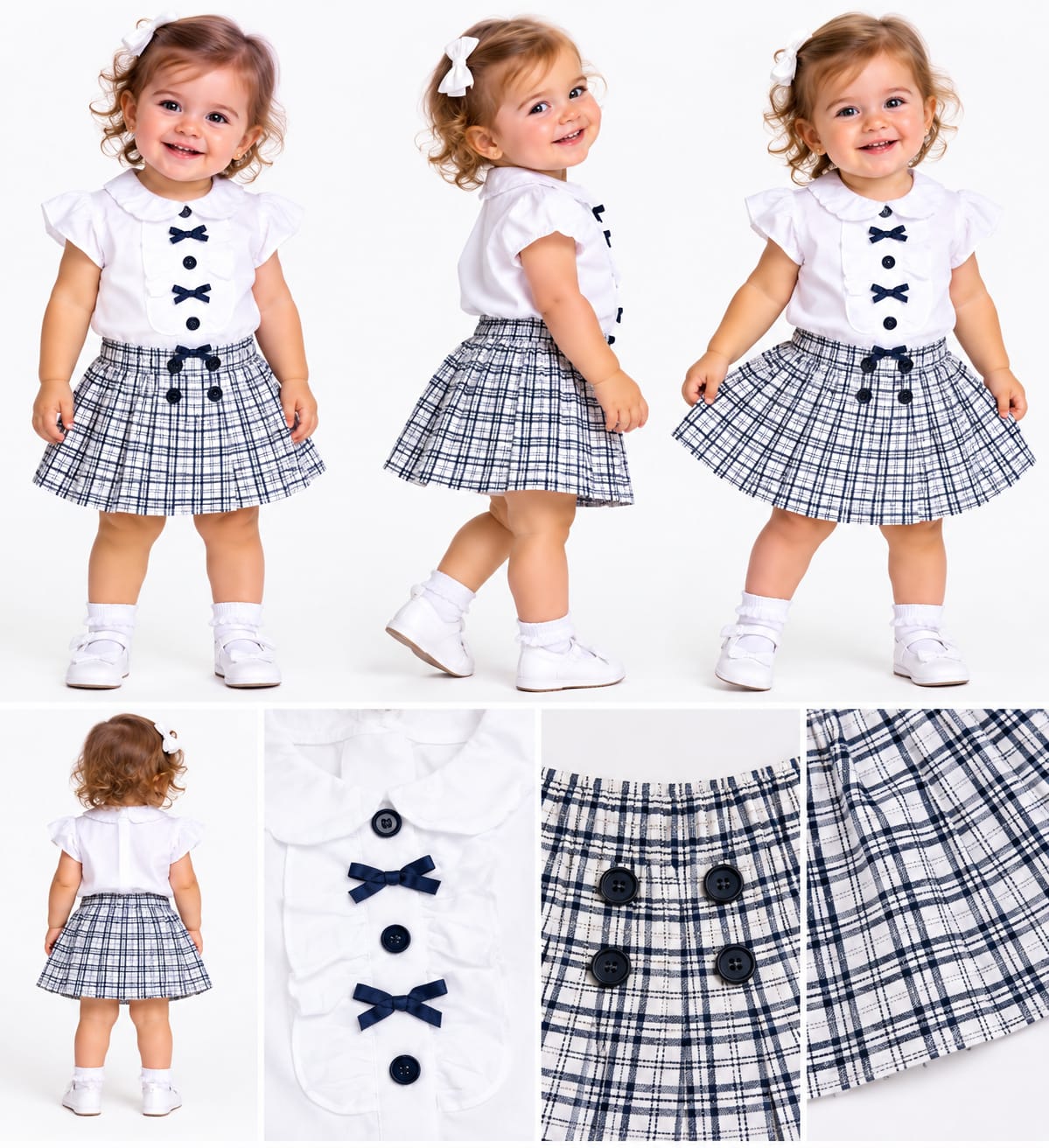 Set elegant fete 2 piese – Bluză albă cu fundițe & fustă în carouri