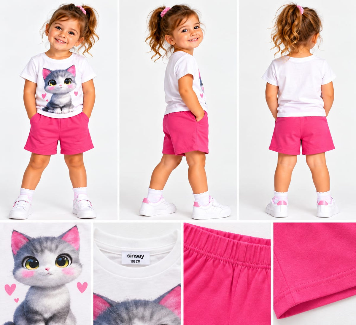 Set fete 2 piese – Tricou cu pisicuță & pantaloni scurți roz