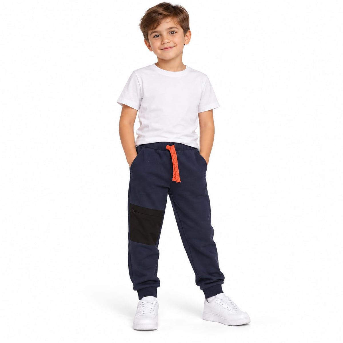 Pantaloni sport băieți – bleumarin cu detalii negre și șnur portocaliu