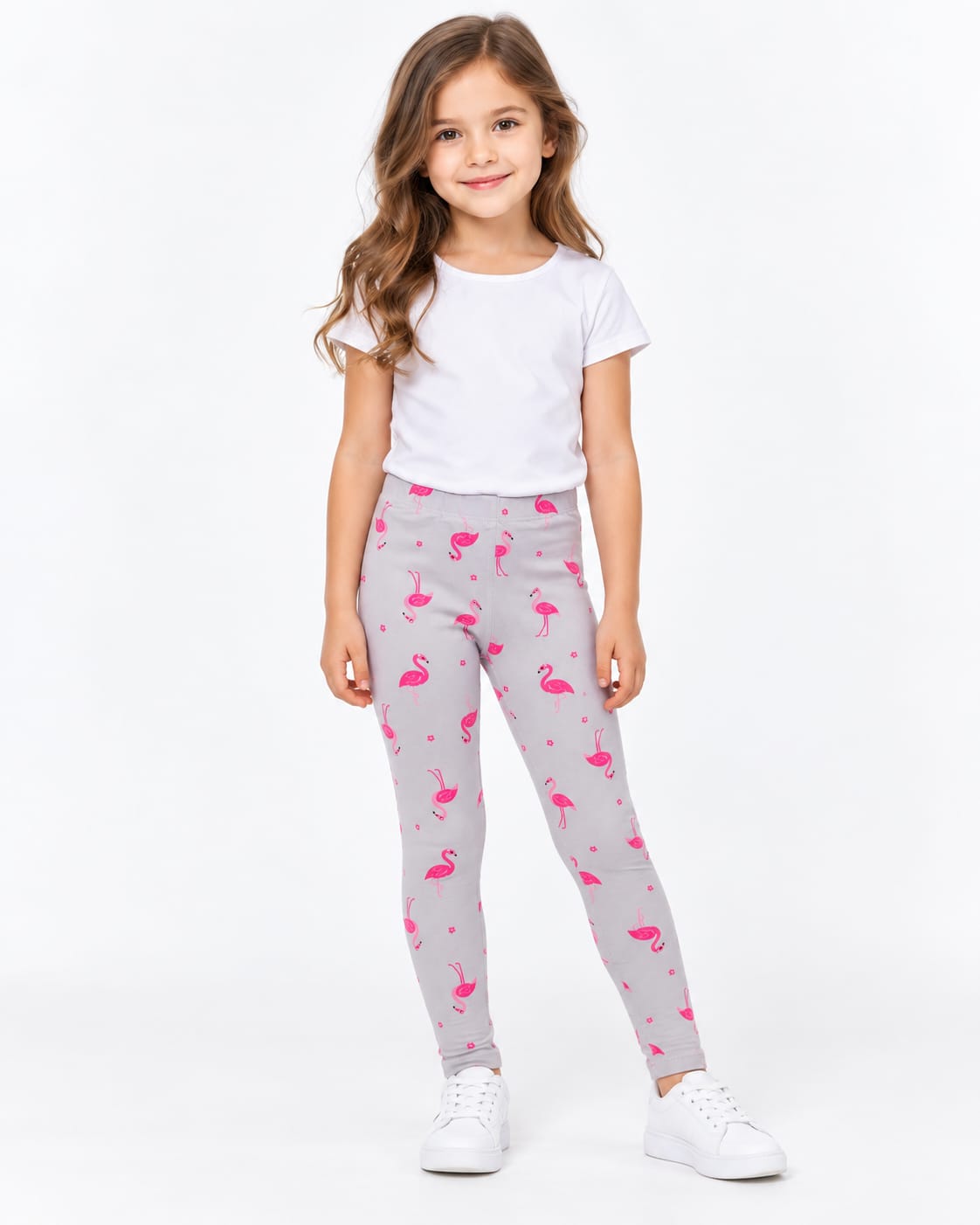 Colanți fete gri cu imprimeu flamingo roz – 110 cm