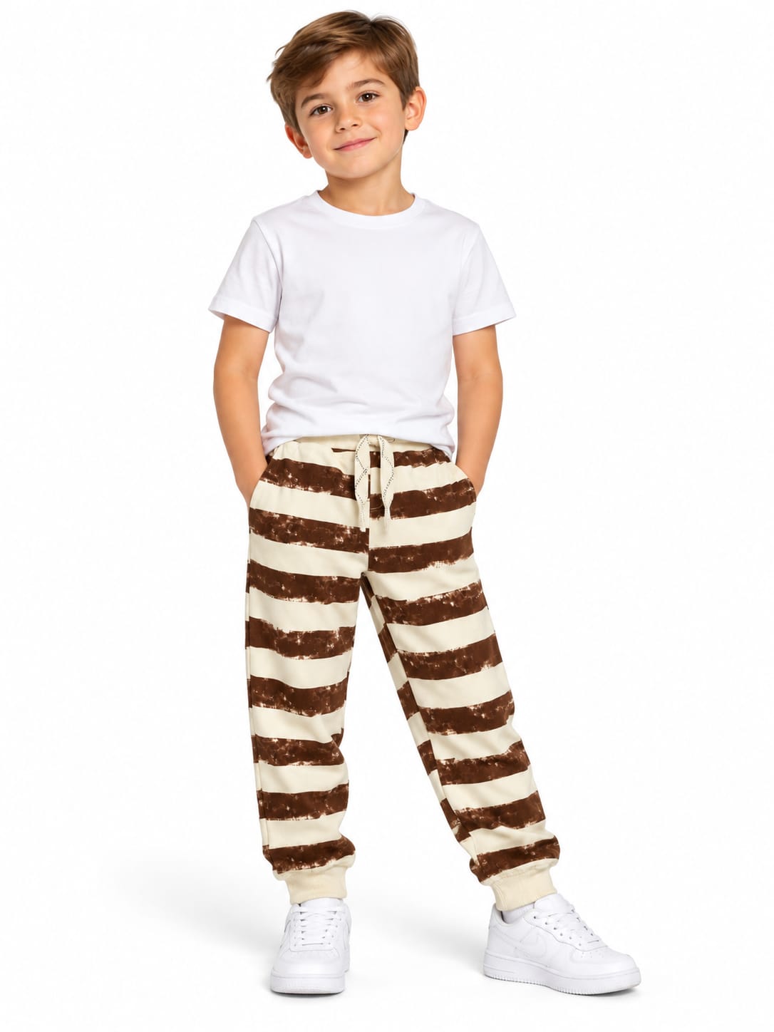 Pantaloni sport cu dungi maro și crem