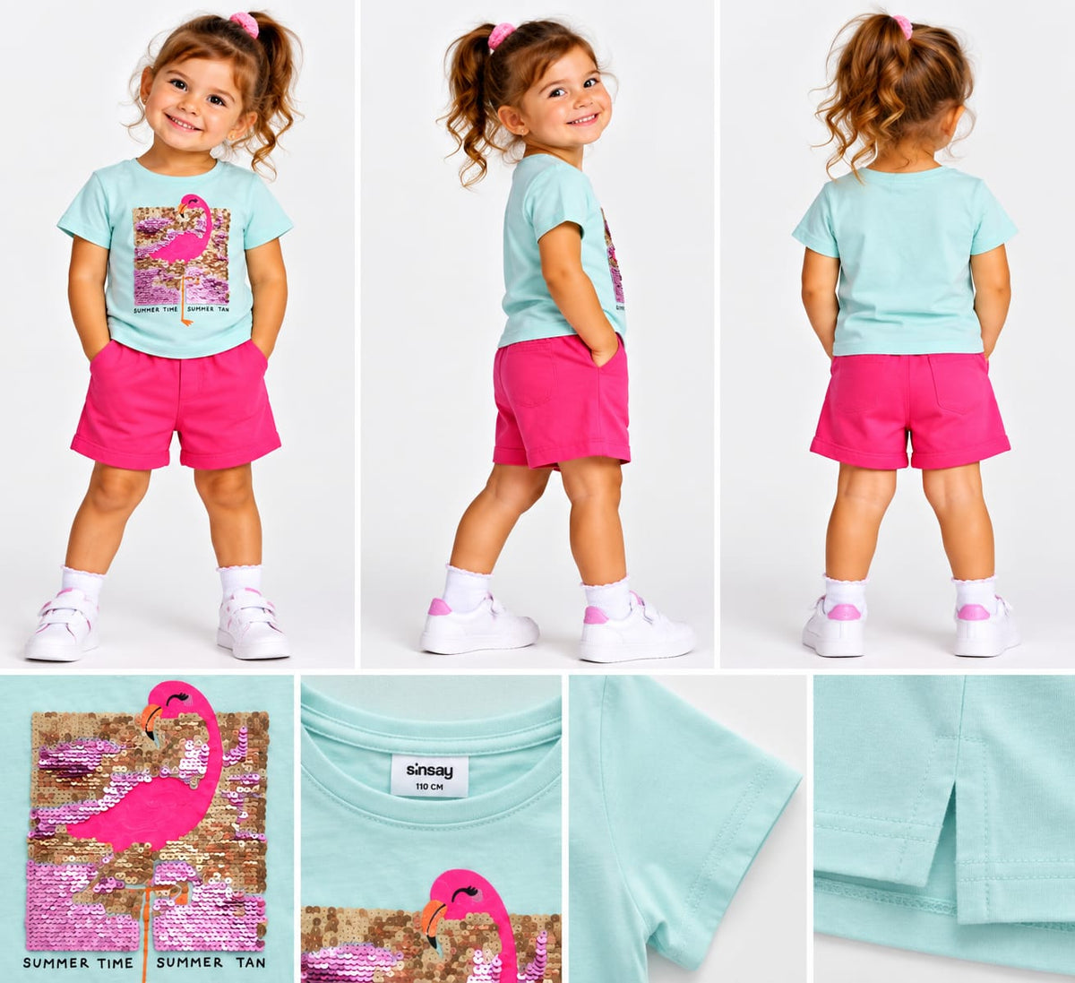 Tricou fete bleu cu flamingo și paiete „Summer Time”