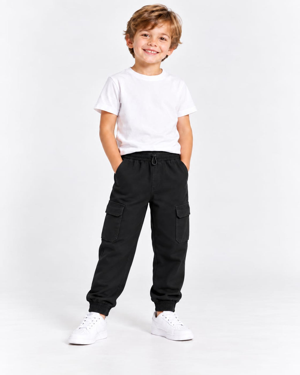 Pantaloni cargo băieți negri cu buzunare laterale