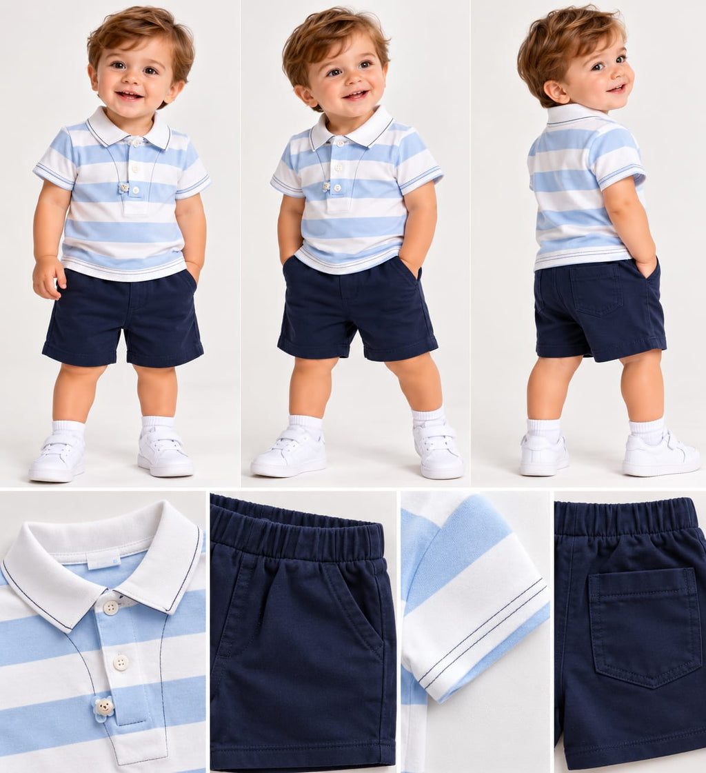 Set băieți 2 piese – Tricou polo în dungi & pantaloni scurți bleumarin