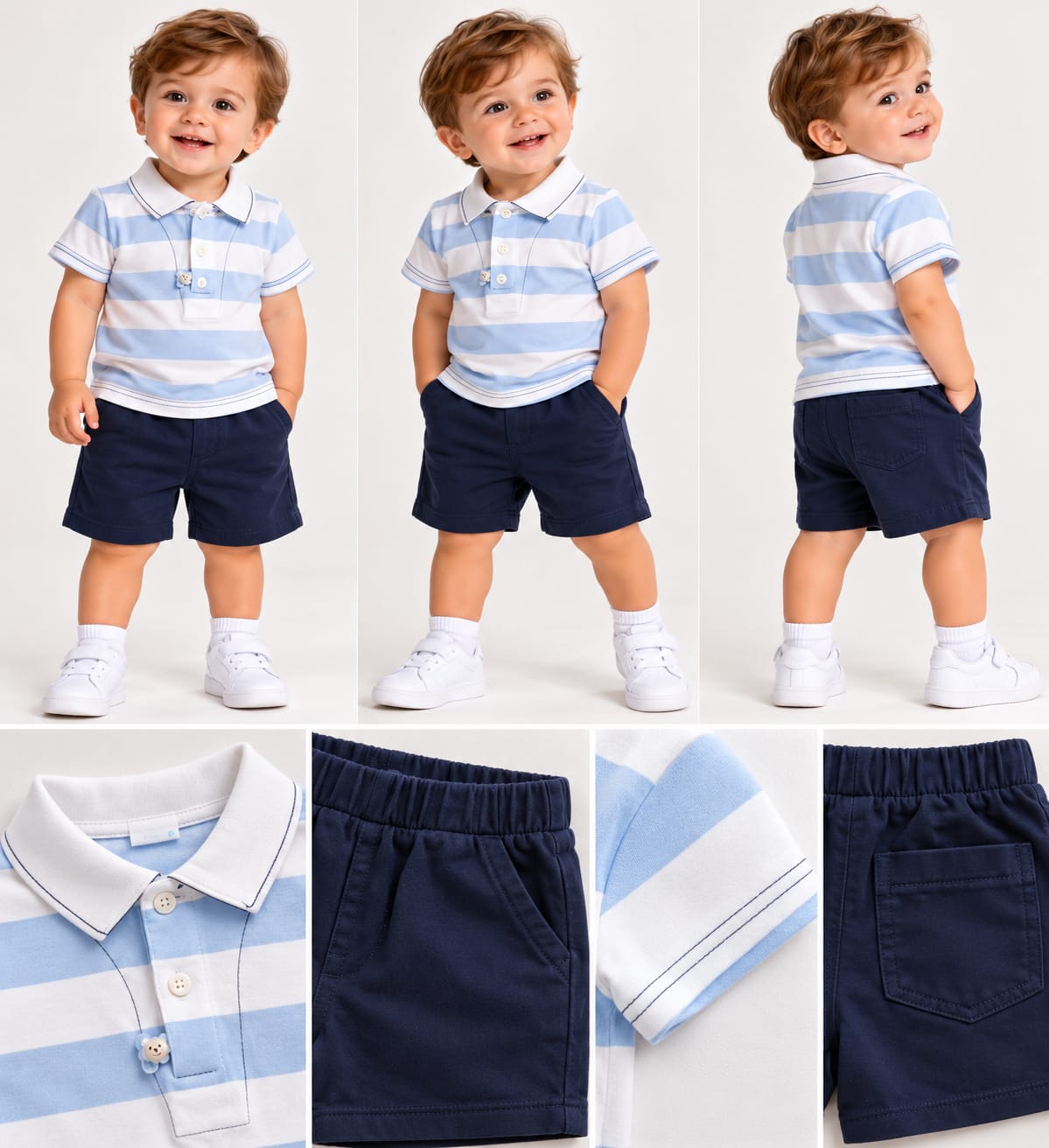 Set băieți 2 piese – Tricou polo în dungi & pantaloni scurți bleumarin