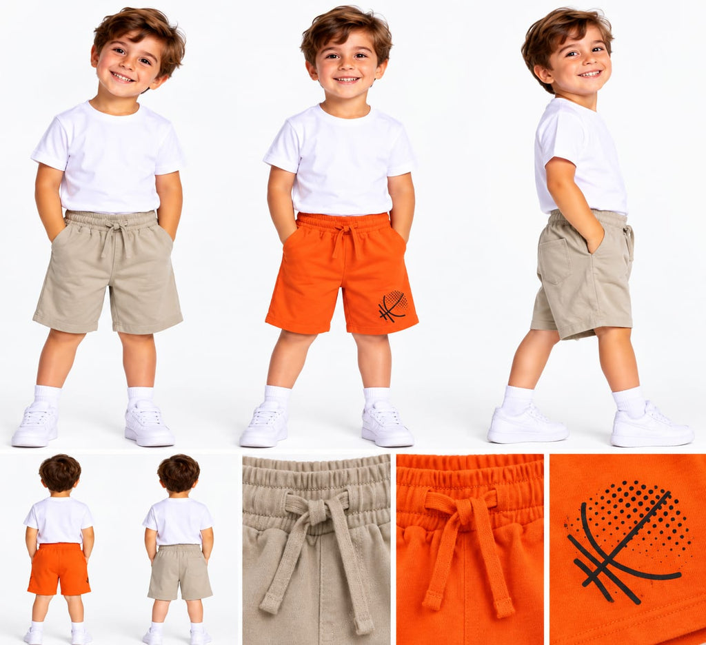 Set 2 Pantaloni Scurți Băieți – Bej & Portocaliu, Model Baschet