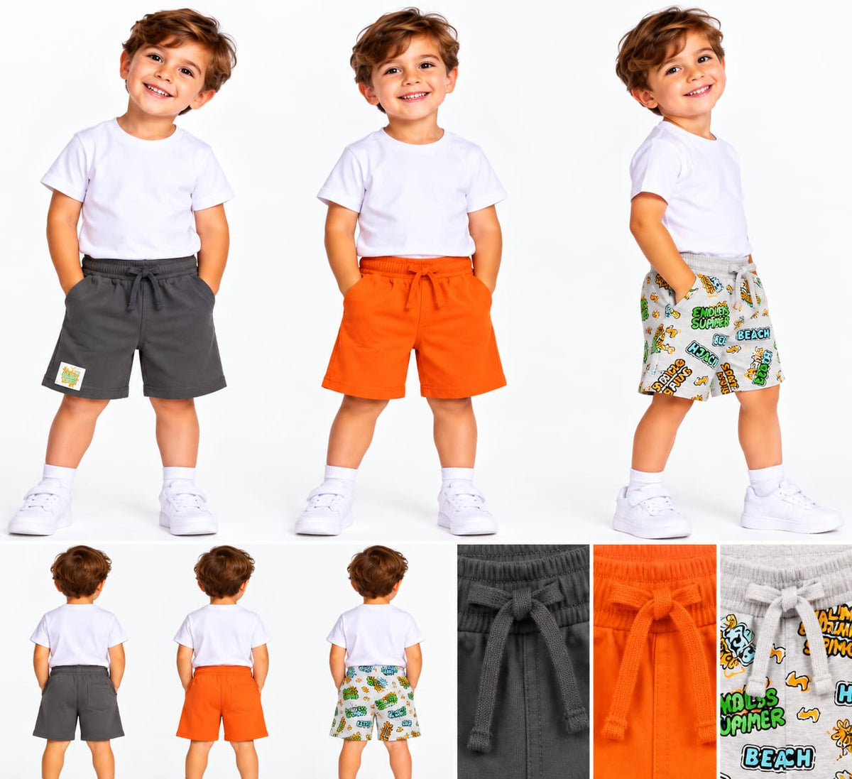 Set 3 Pantaloni Scurți Băieți – Gri, Portocaliu & Imprimeu