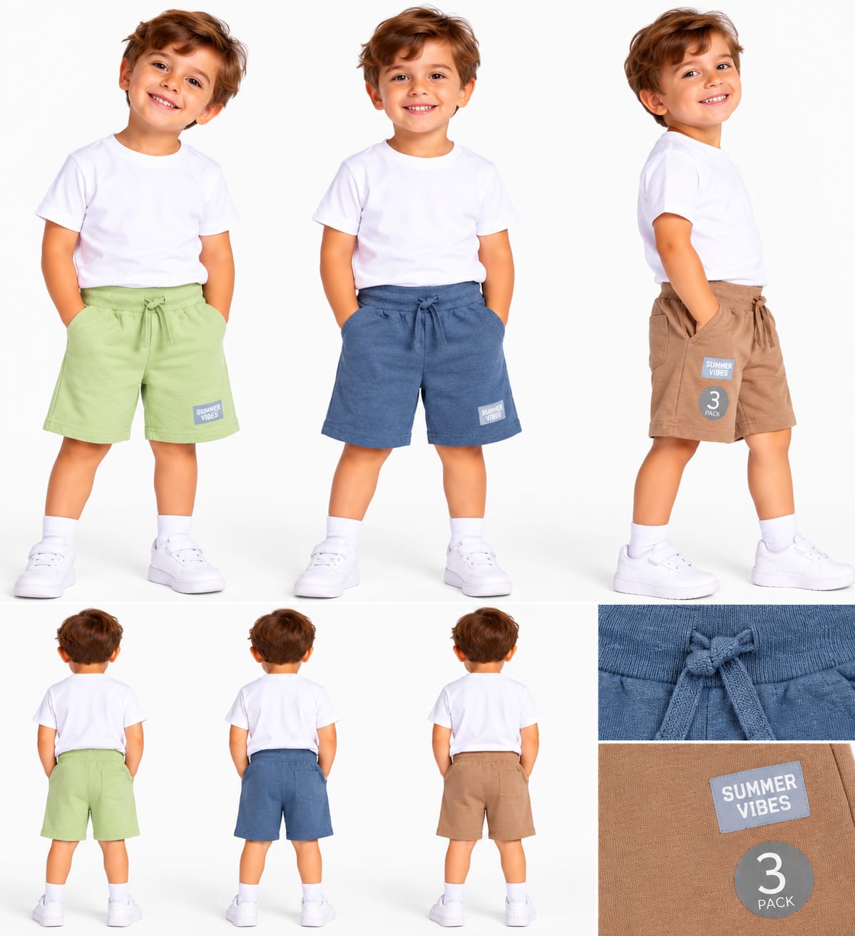 Set 3 pantaloni scurți băieți „Summer Vibes” – Verde, Maro & Albastru