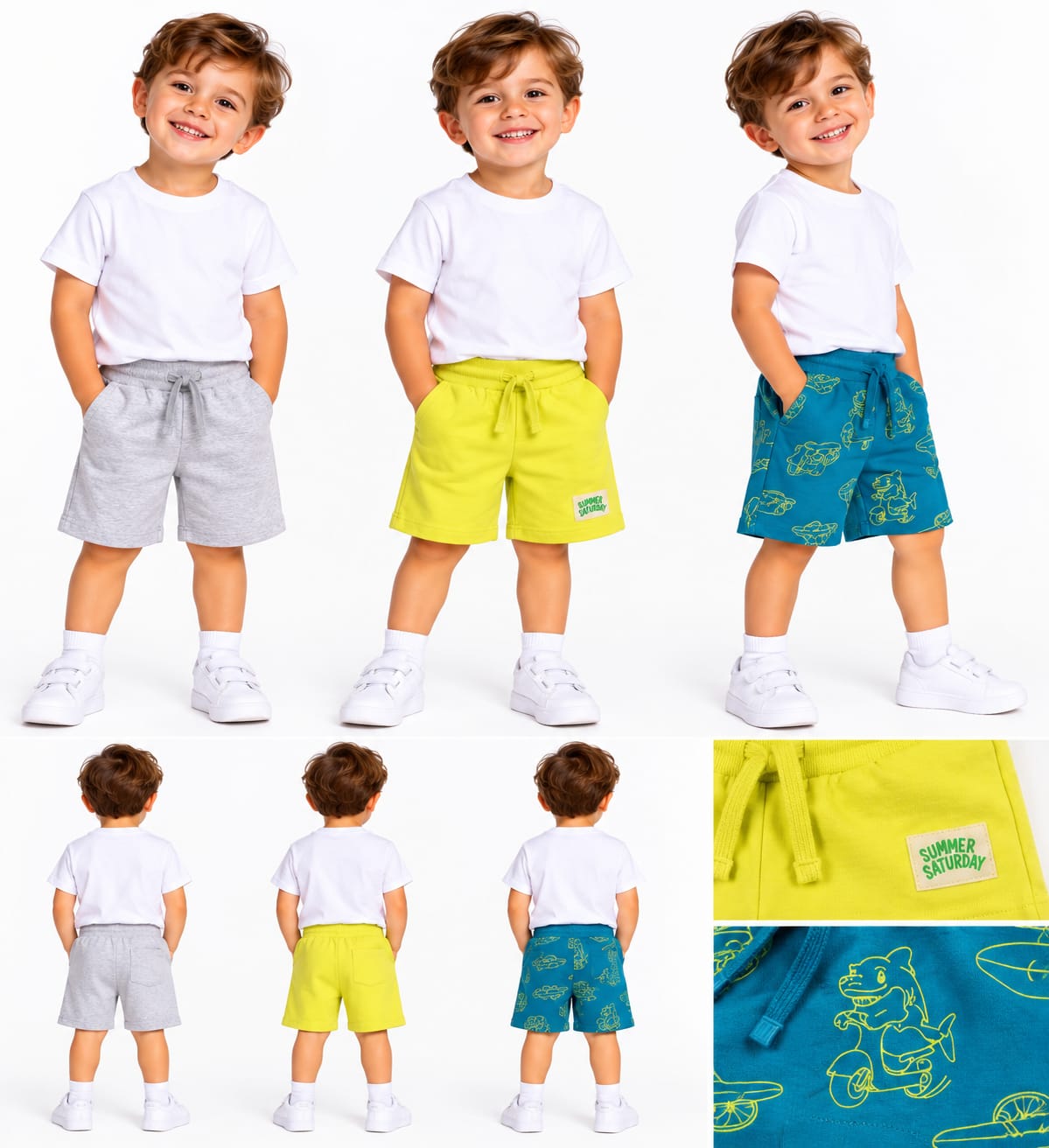 Set 3 pantaloni scurți băieți – Gri, Galben & Albastru