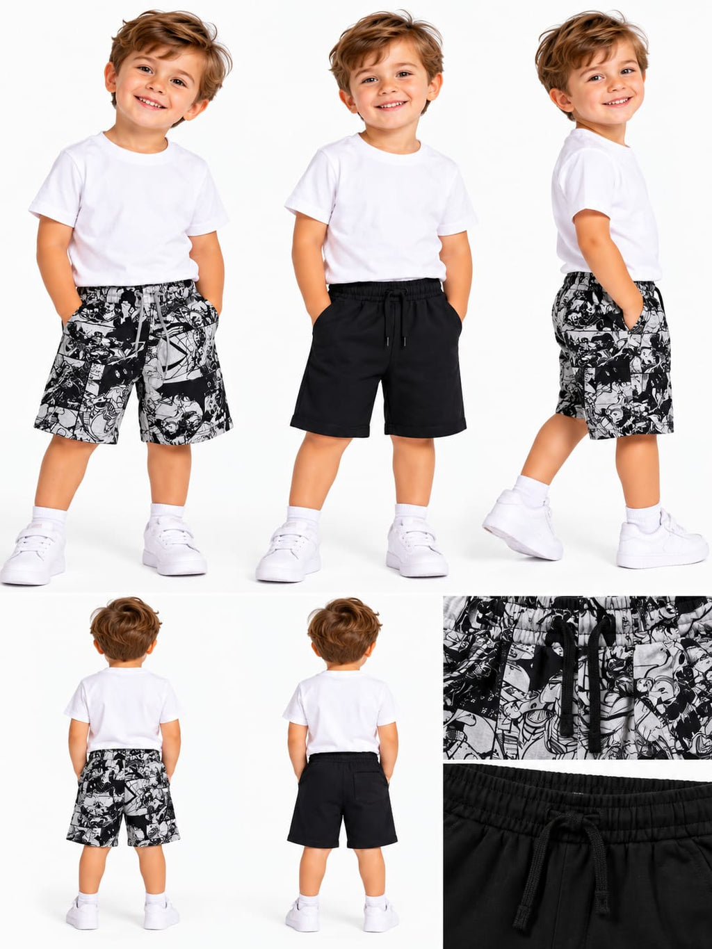 Set 2 pantaloni scurți băieți – Negru & Imprimeu alb-negru