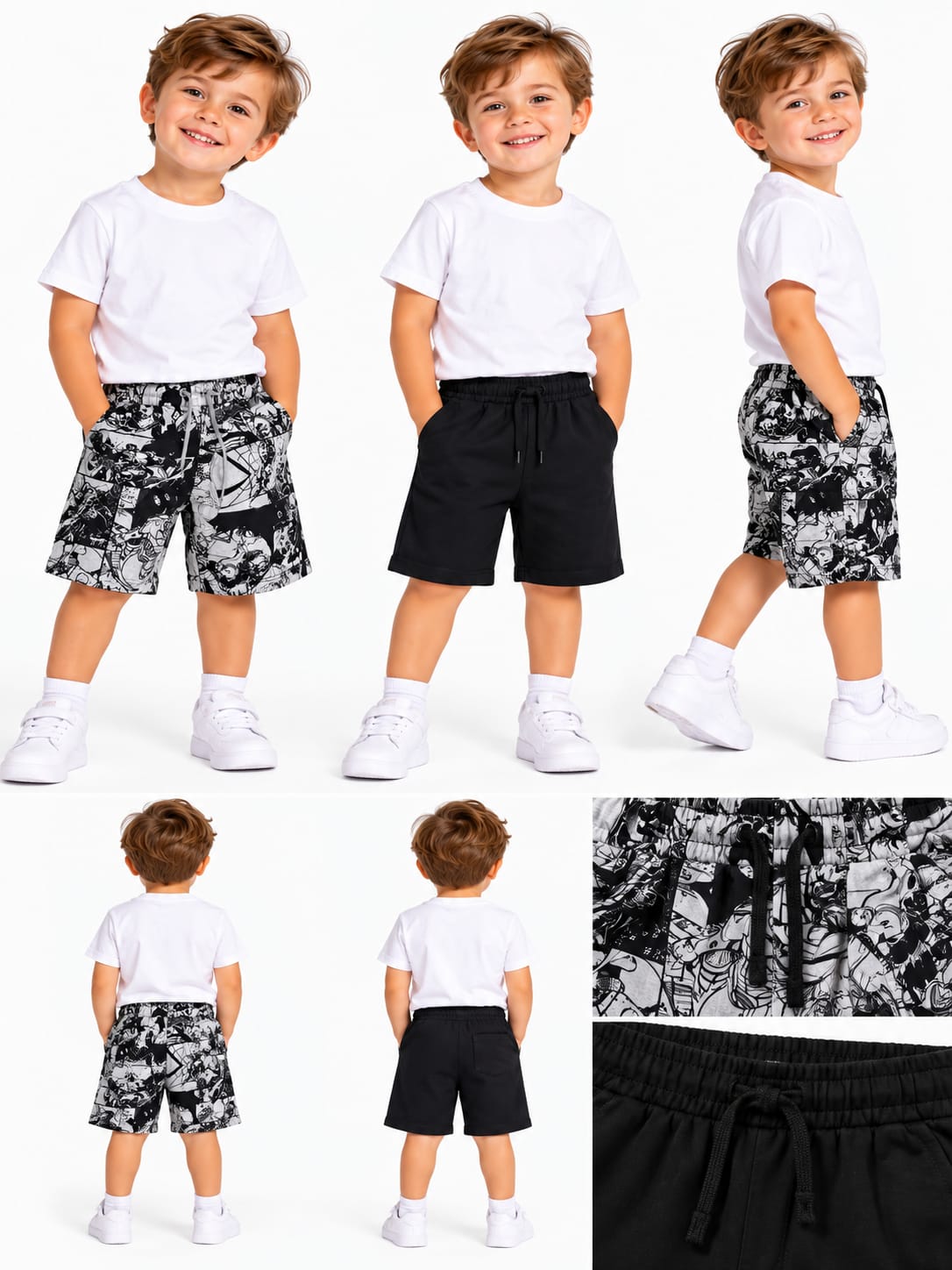 Set 2 pantaloni scurți băieți – Negru & Imprimeu alb-negru