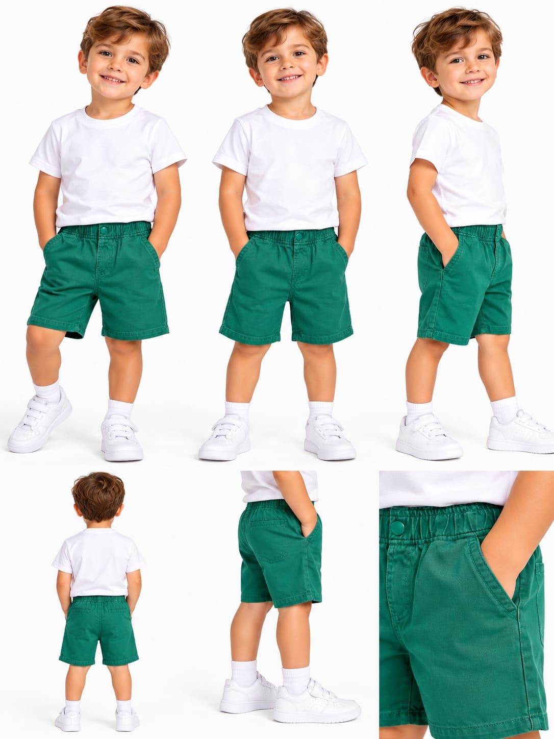 Pantaloni scurți băieți verzi cu talie elastică și buzunare
