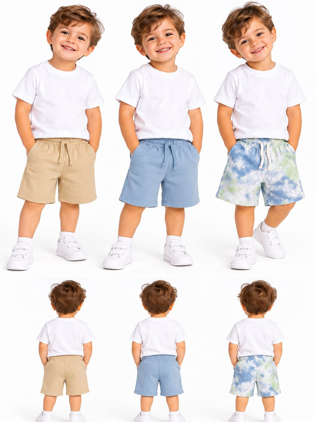 Set 3 pantaloni scurți băieți cu șnur – Bleu, Bej & Tie-Dye