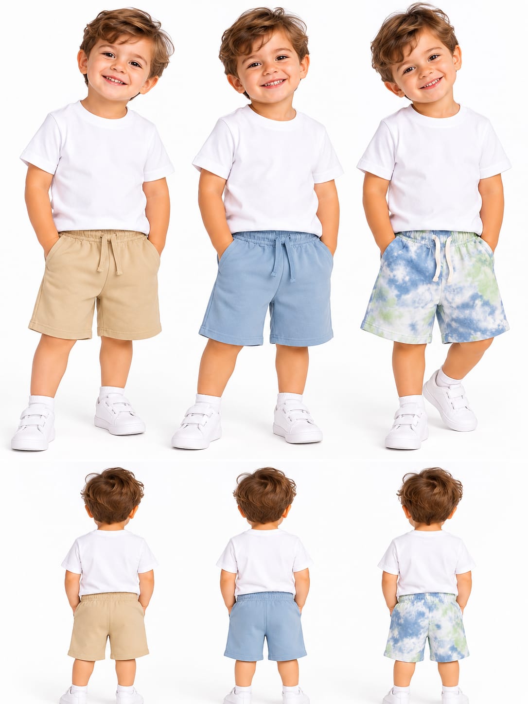 Set 3 pantaloni scurți băieți cu șnur – Bleu, Bej & Tie-Dye