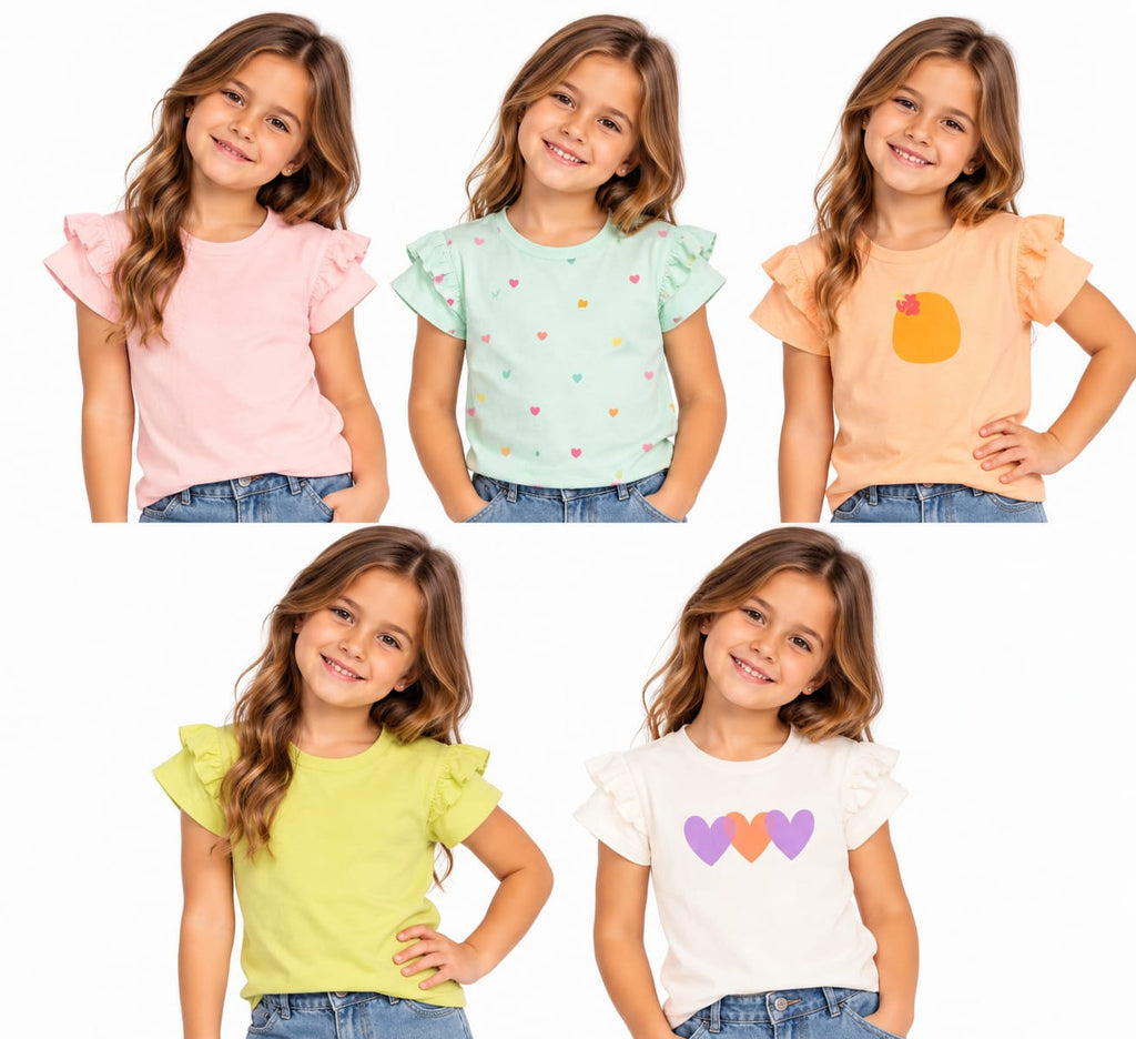 Set 5 tricouri fete cu mânecă volănaș – culori pastel