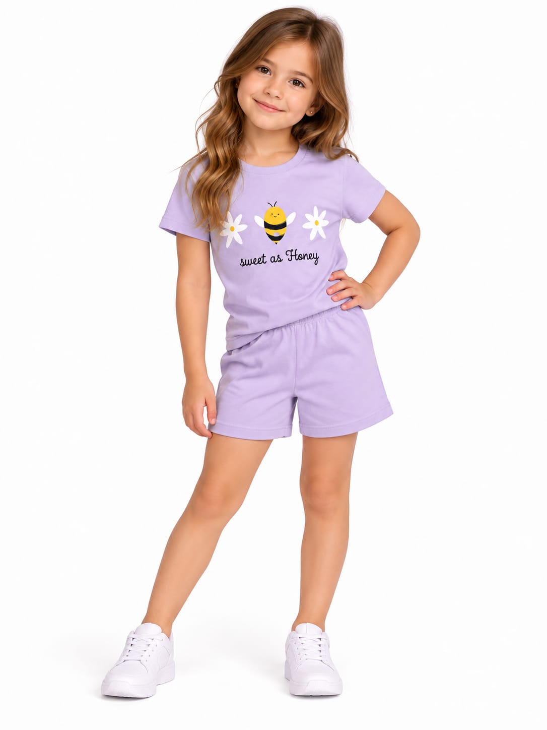 Compleu fete cu tricou și pantaloni scurți – model albinuță, mov