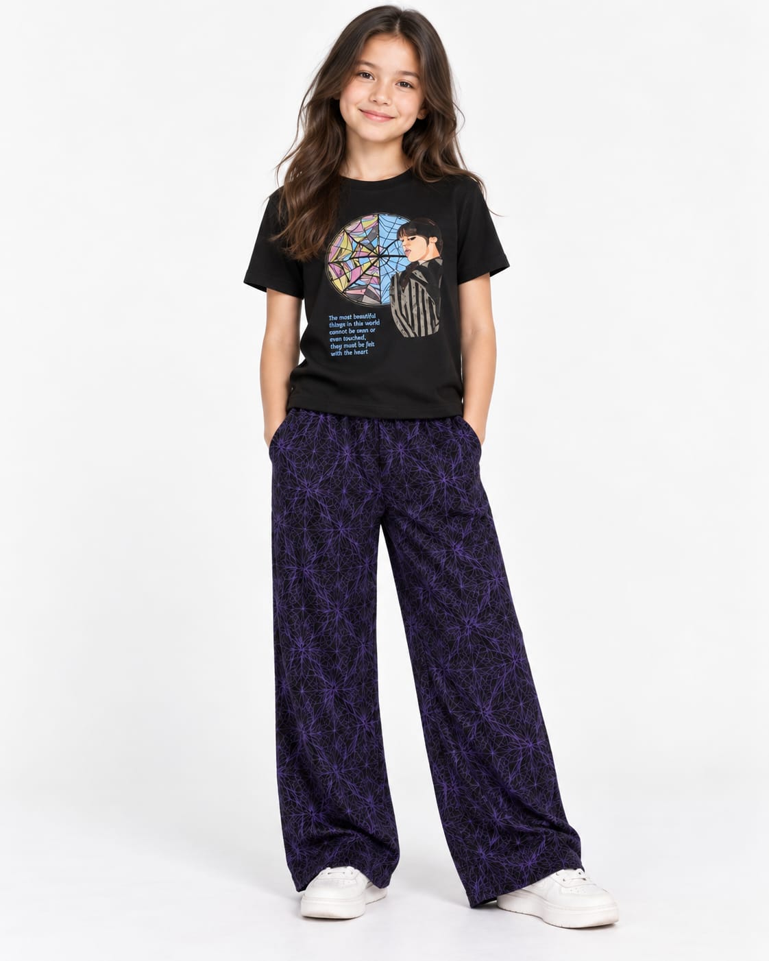 Pijama fete 2 piese-tricou negru și pantaloni cu imprimeu
