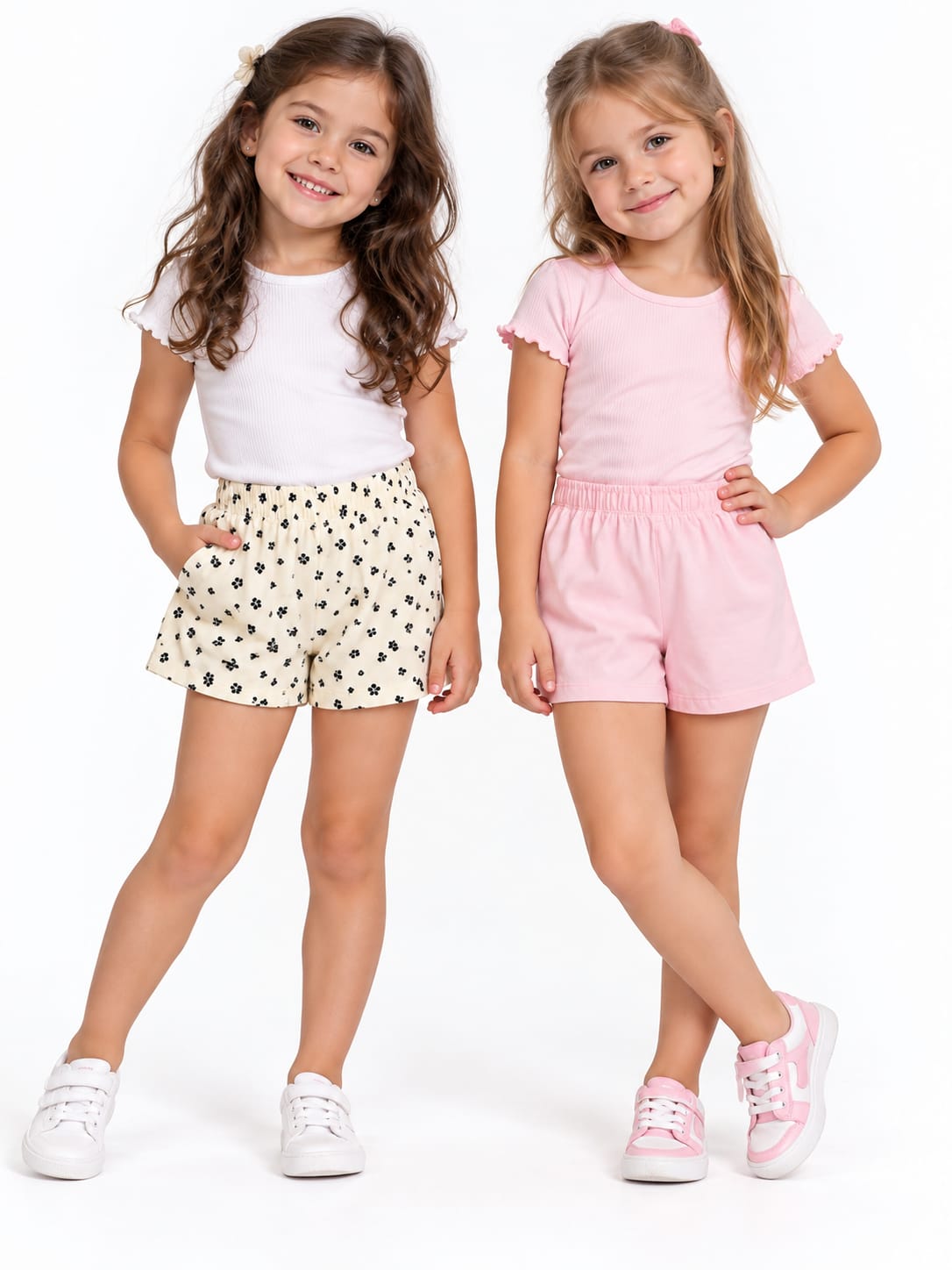 Set 2 pantaloni scurți fete, roz și crem cu floricele – noi cu etichetă