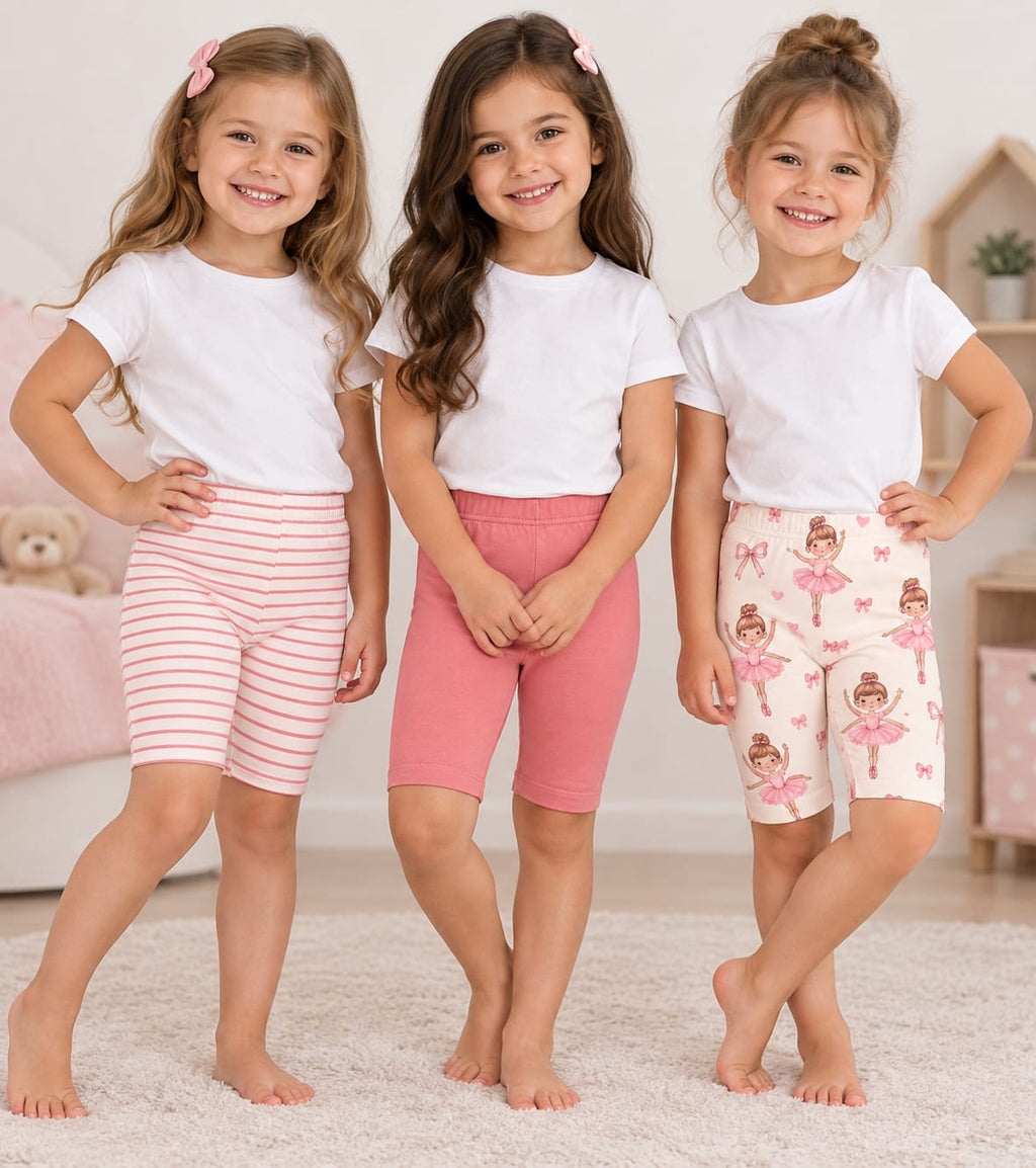 Set 3 colanți scurți fete – roz, dungi și imprimeu cu animăluțe – noi cu etichetă