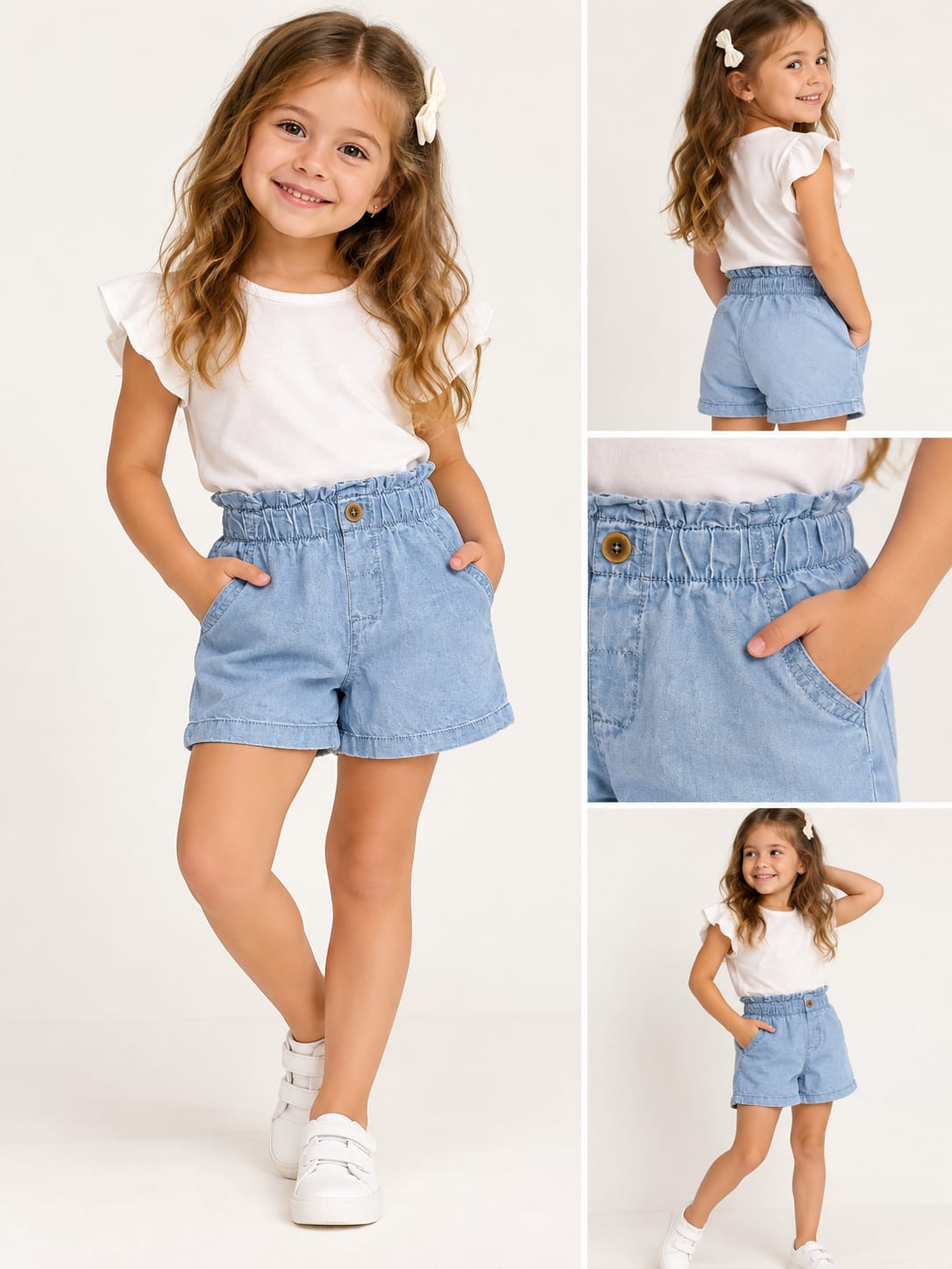 Pantaloni scurți fete, bleu deschis, cu talie elastică – noi cu etichetă
