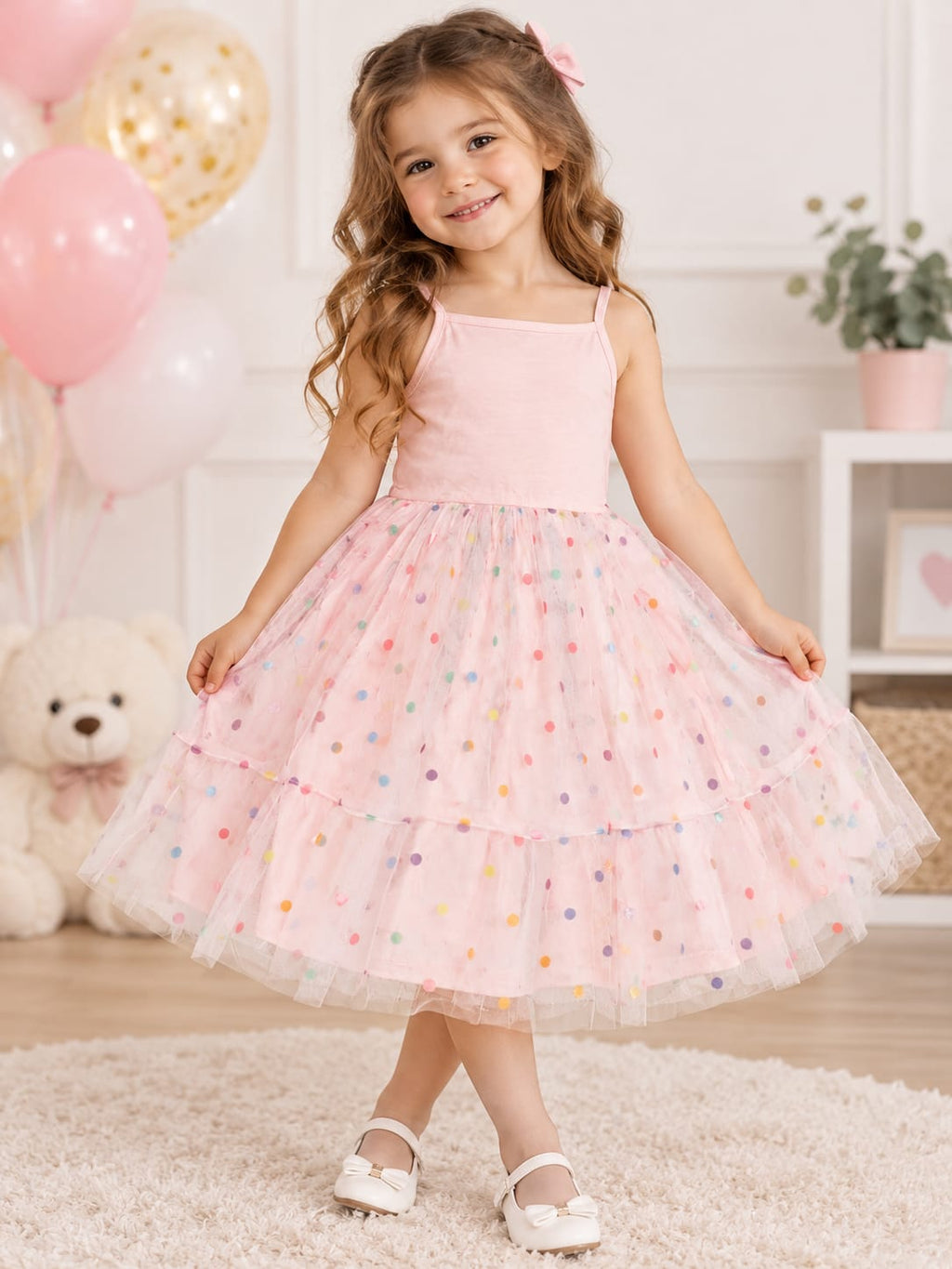 Rochie elegantă fete roz cu tulle și buline colorate – nouă cu etichetă