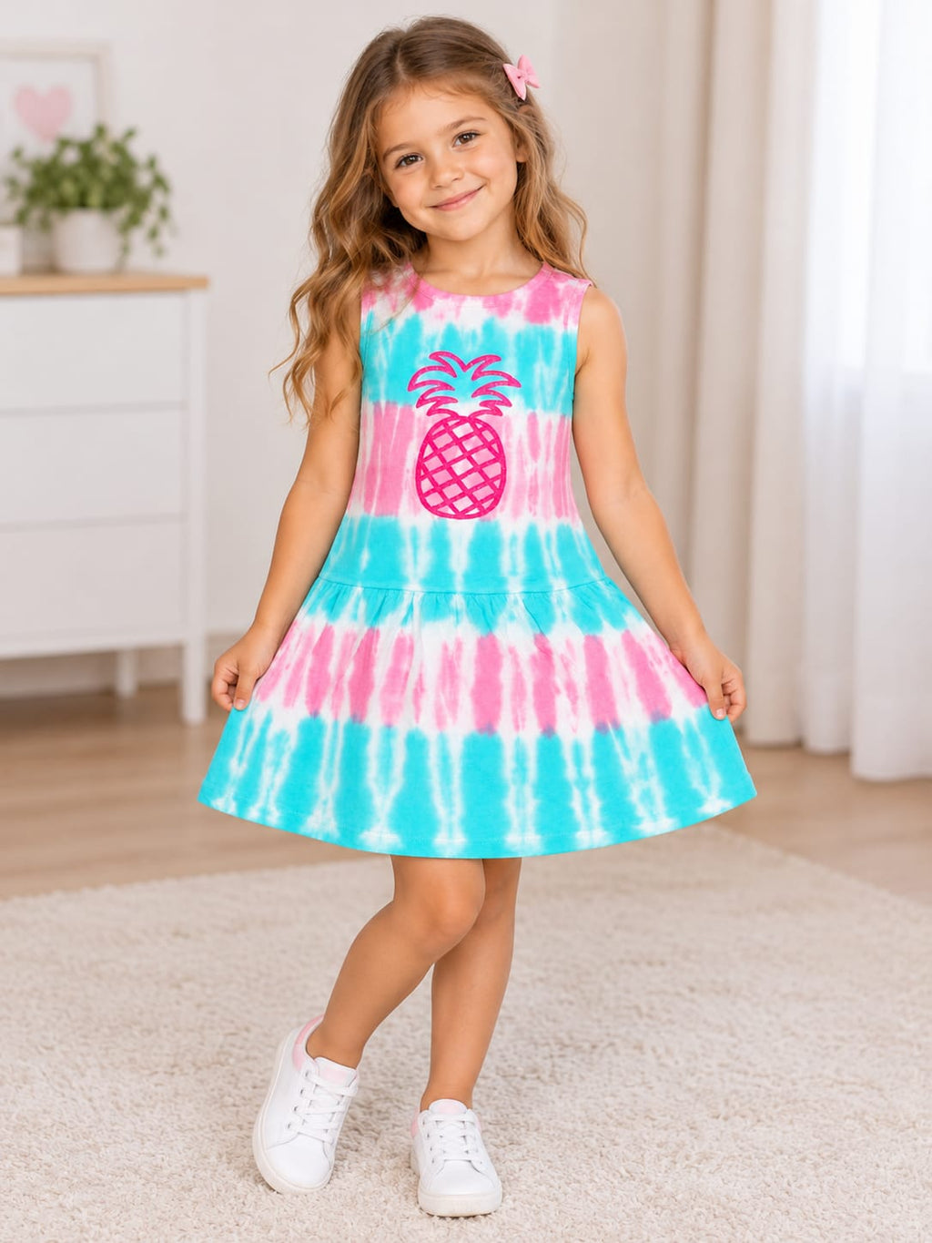 Rochie fete Gabby’s tie-dye cu ananas – roz și turcoaz – nouă cu etichetă