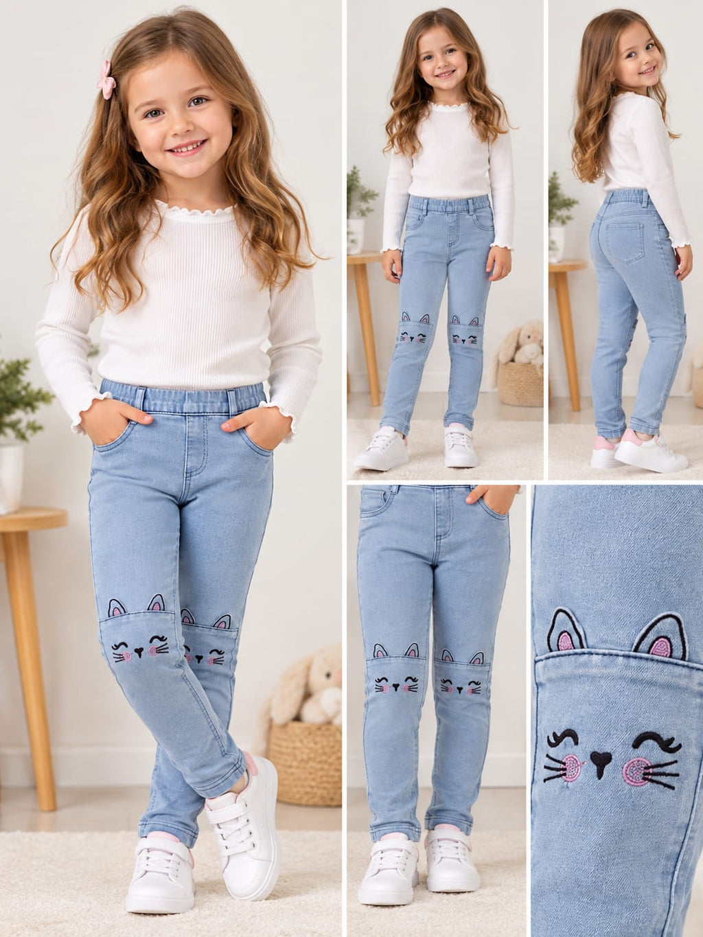 Pantaloni tip jeggings pentru fete, bleu, cu model pisicuță 🐱🩵