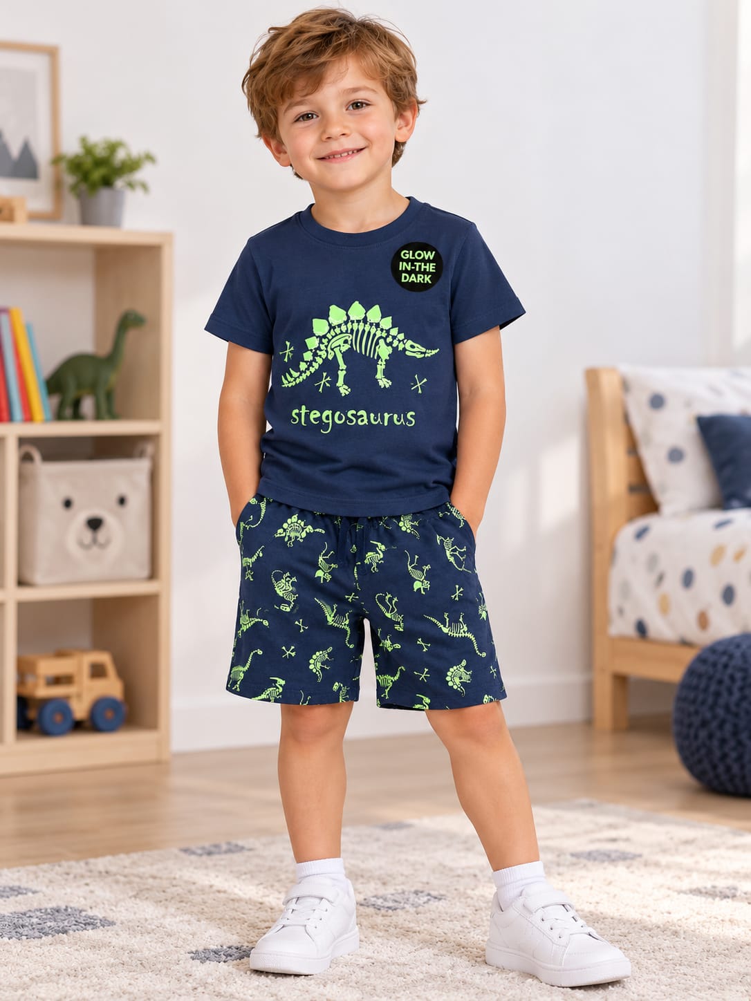 Set băieți 2 piese cu dinozauri – tricou + pantaloni scurți, bleumarin