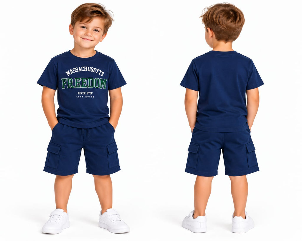 Set copii tricou + pantaloni scurți cargo bleumarin „Freedom”