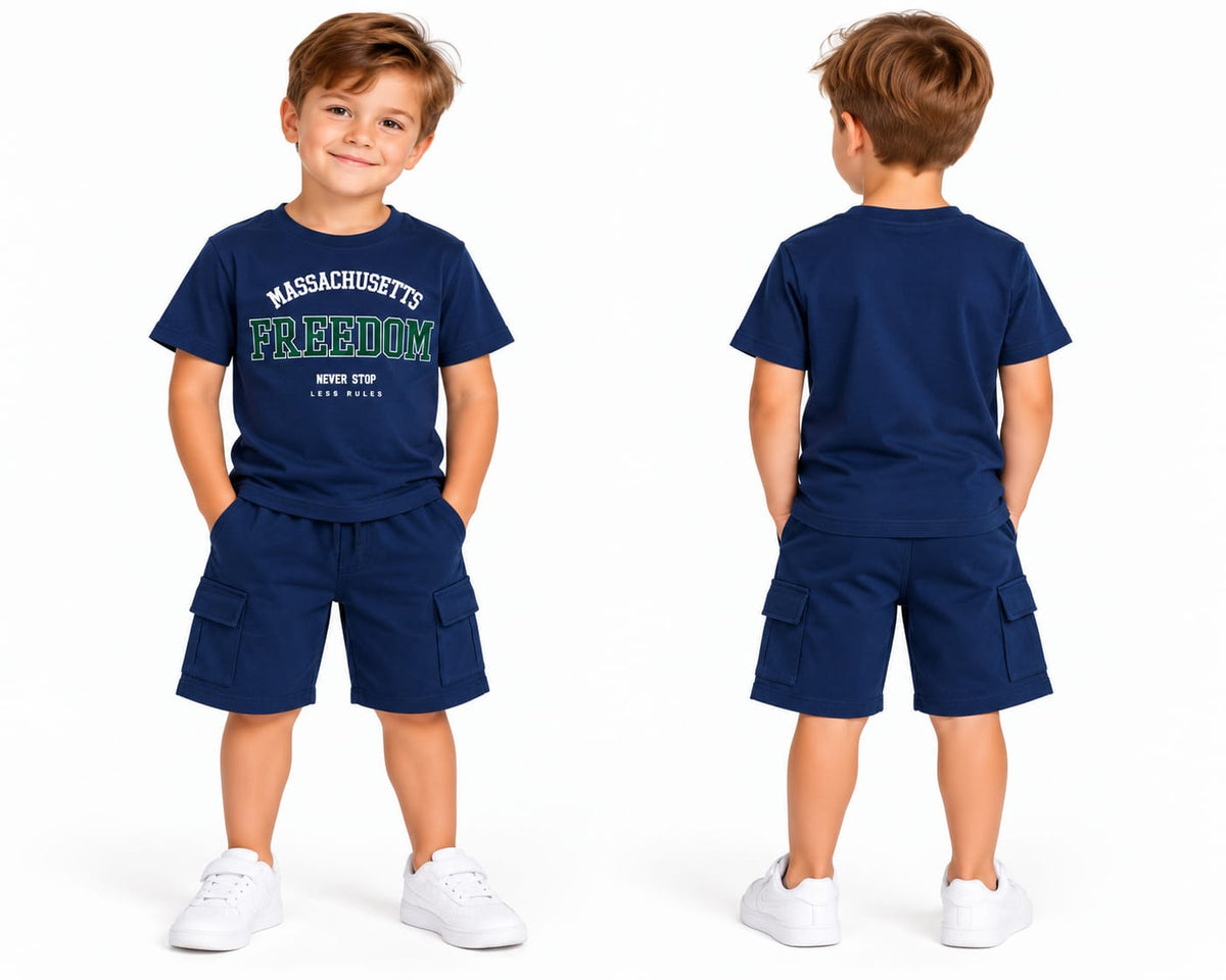 Set copii tricou + pantaloni scurți cargo bleumarin „Freedom”