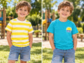 Set 2 tricouri copii – galben cu dungi și turcoaz