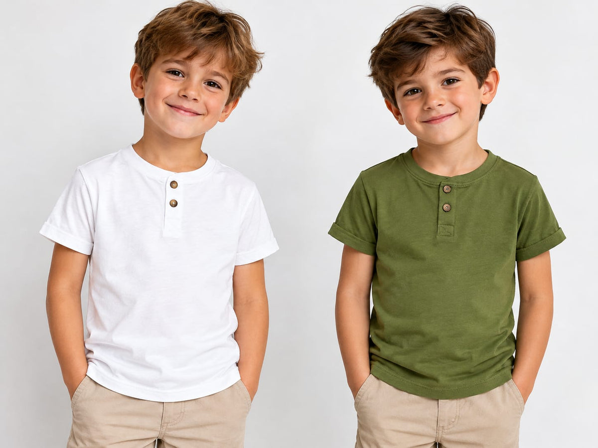 Set 2 tricouri copii  cu nasturi – alb și verde kaki