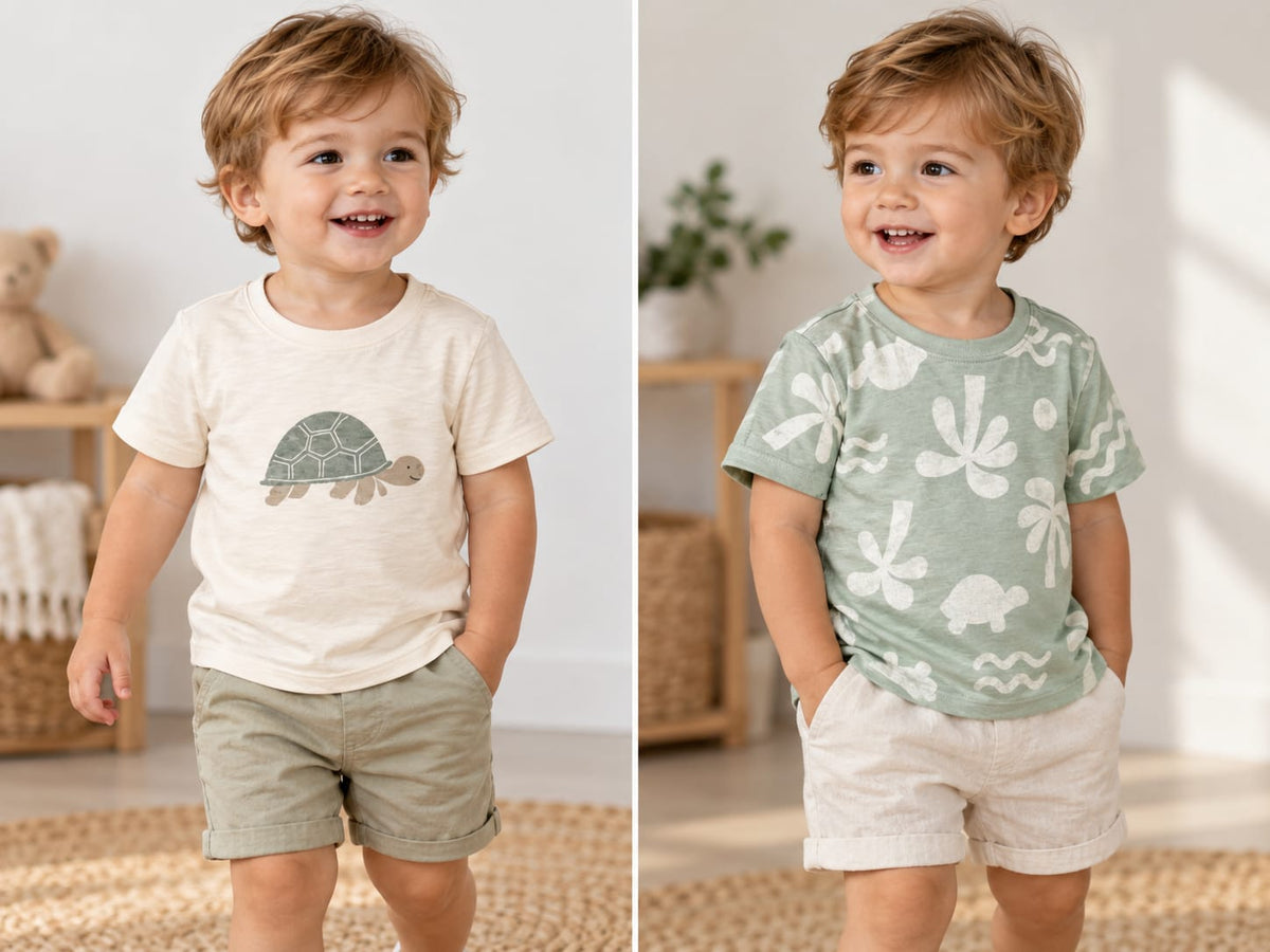 Set 2 tricouri copii 18–24 luni – Broscuță țestoasă, crem și verde