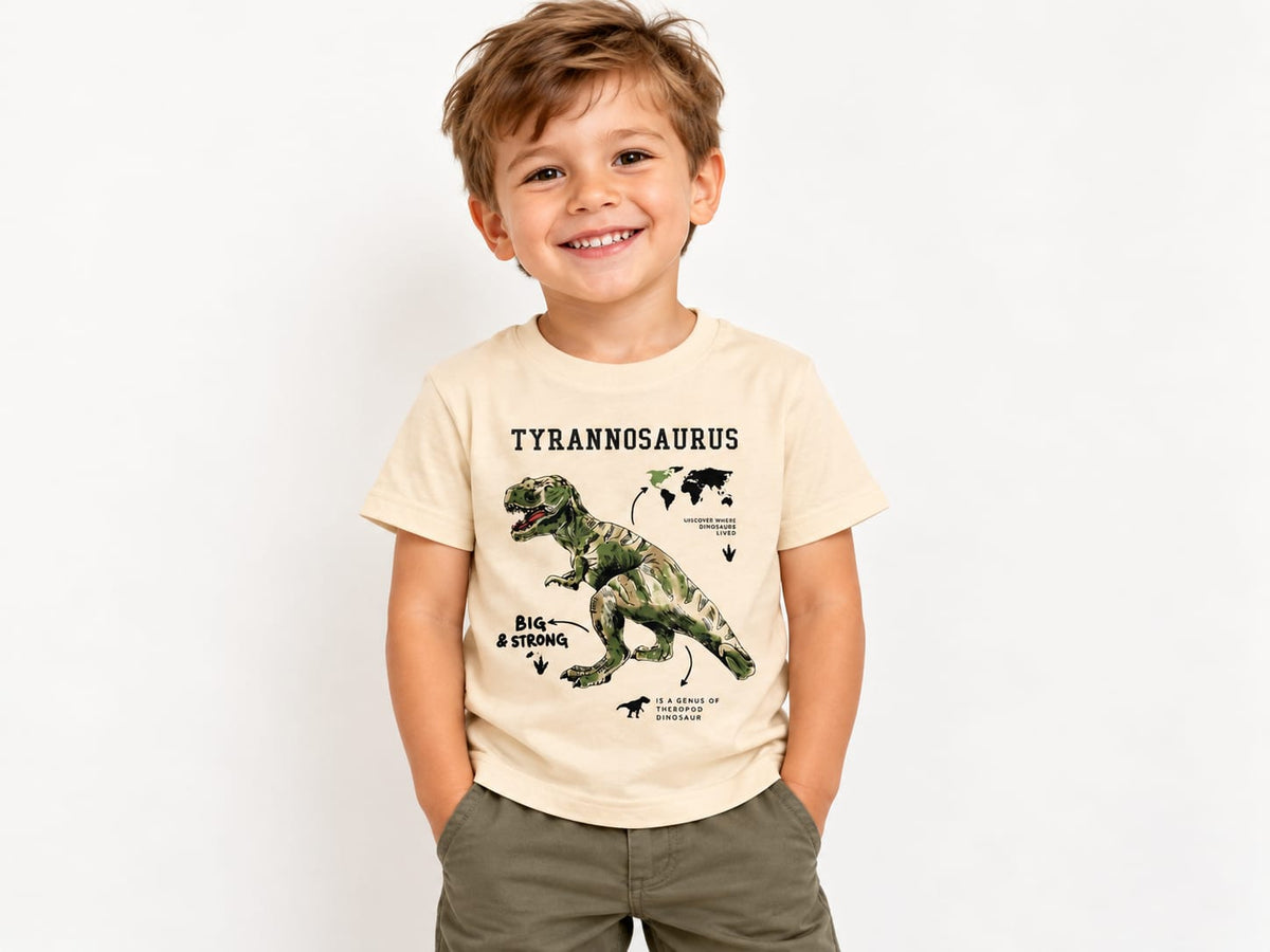 Tricou copii  cu imprimeu Tyrannosaurus Rex – crem/verde