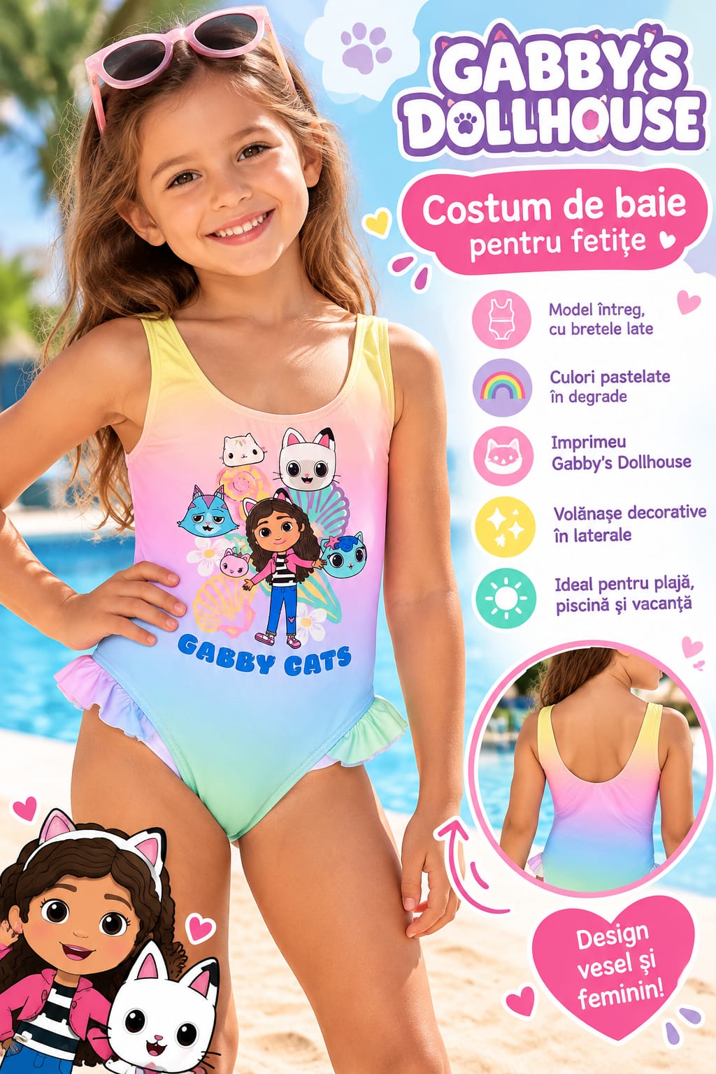 Costum de baie întreg fete Gabby’s Dollhouse – multicolor, nou cu etichetă