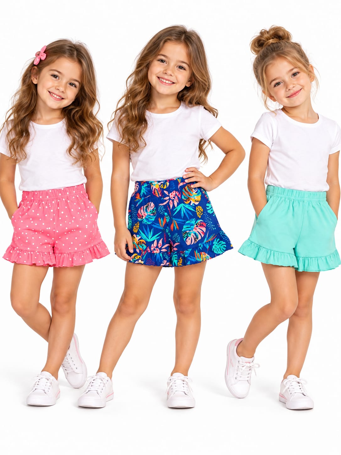 Set 3 pantaloni scurți fete cu volănașe – multicolor – noi cu etichetă