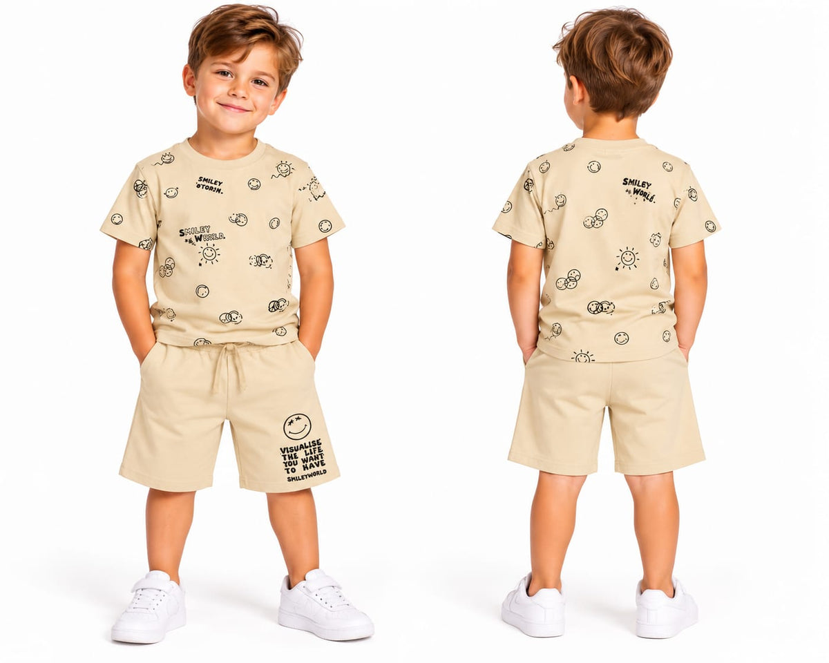 Set băieți 2 piese Smiley – tricou + pantaloni scurți, bej