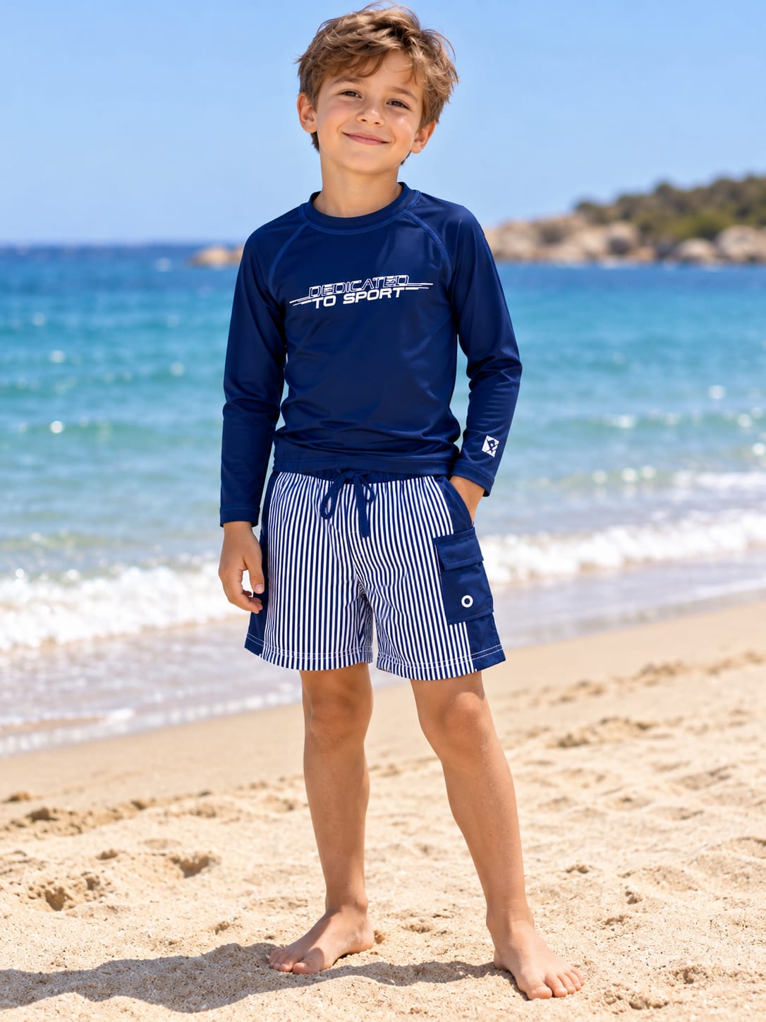 Set băieți 2 piese sport – bluză cu mânecă lungă + pantaloni scurți, bleumarin