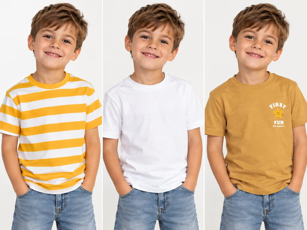 Set 3 tricouri copii – alb, galben cu dungi și muștar