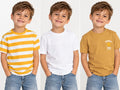 Set 3 tricouri copii – alb, galben cu dungi și muștar