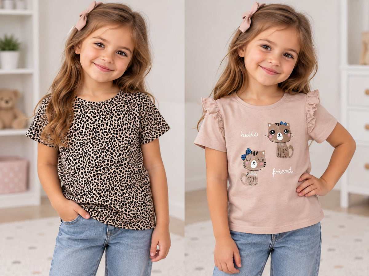Set 2 tricouri fete – imprimeu leopard și pisicuțe