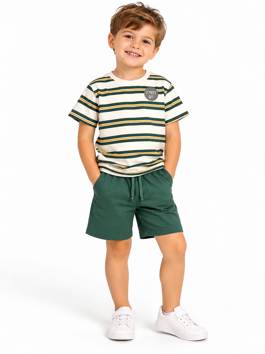Compleu băieți 2 piese – tricou în dungi și pantaloni scurți verzi
