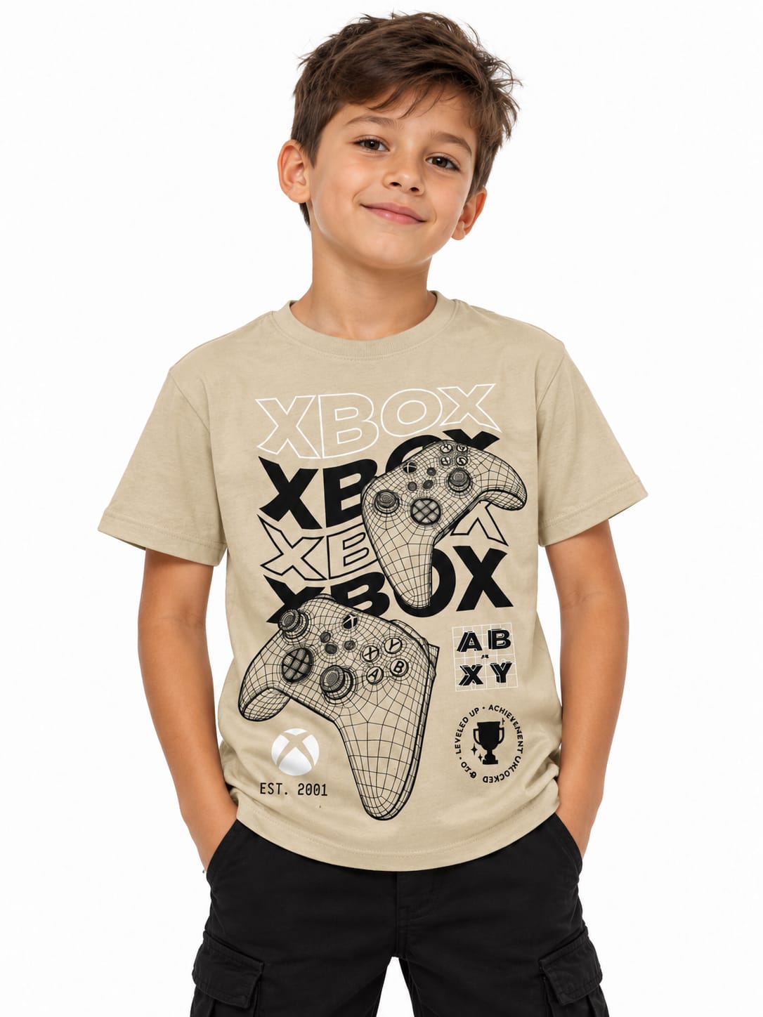 Tricou băieți Xbox cu imprimeu controllere – bej