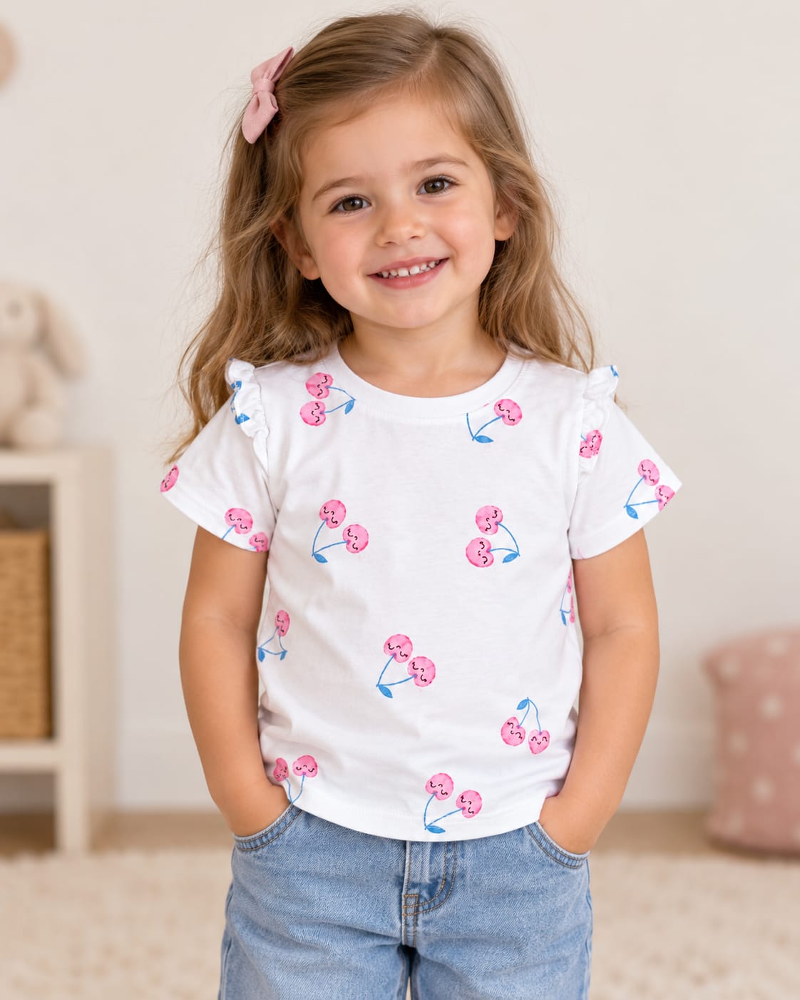 Tricou fete alb cu imprimeu cireșe și volănașe