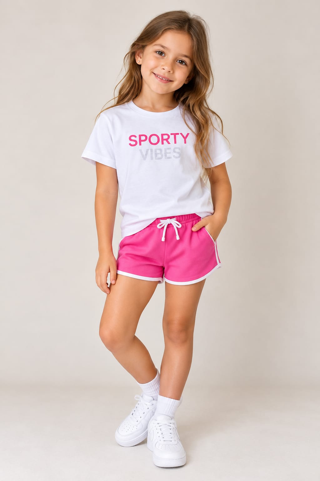 Tricou fete alb „Sporty Vibes” cu imprimeu roz