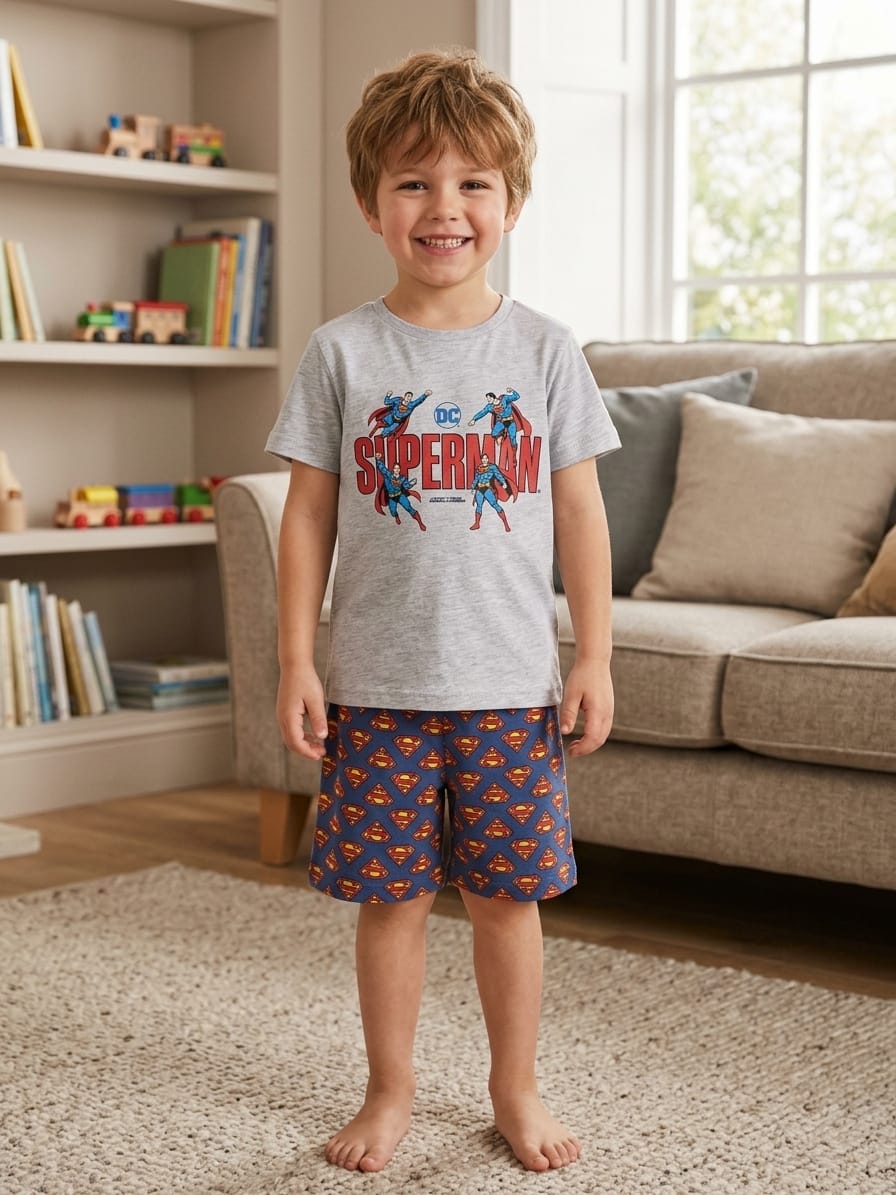 Compleu băieți Superman – tricou gri și pantaloni scurți bleumarin