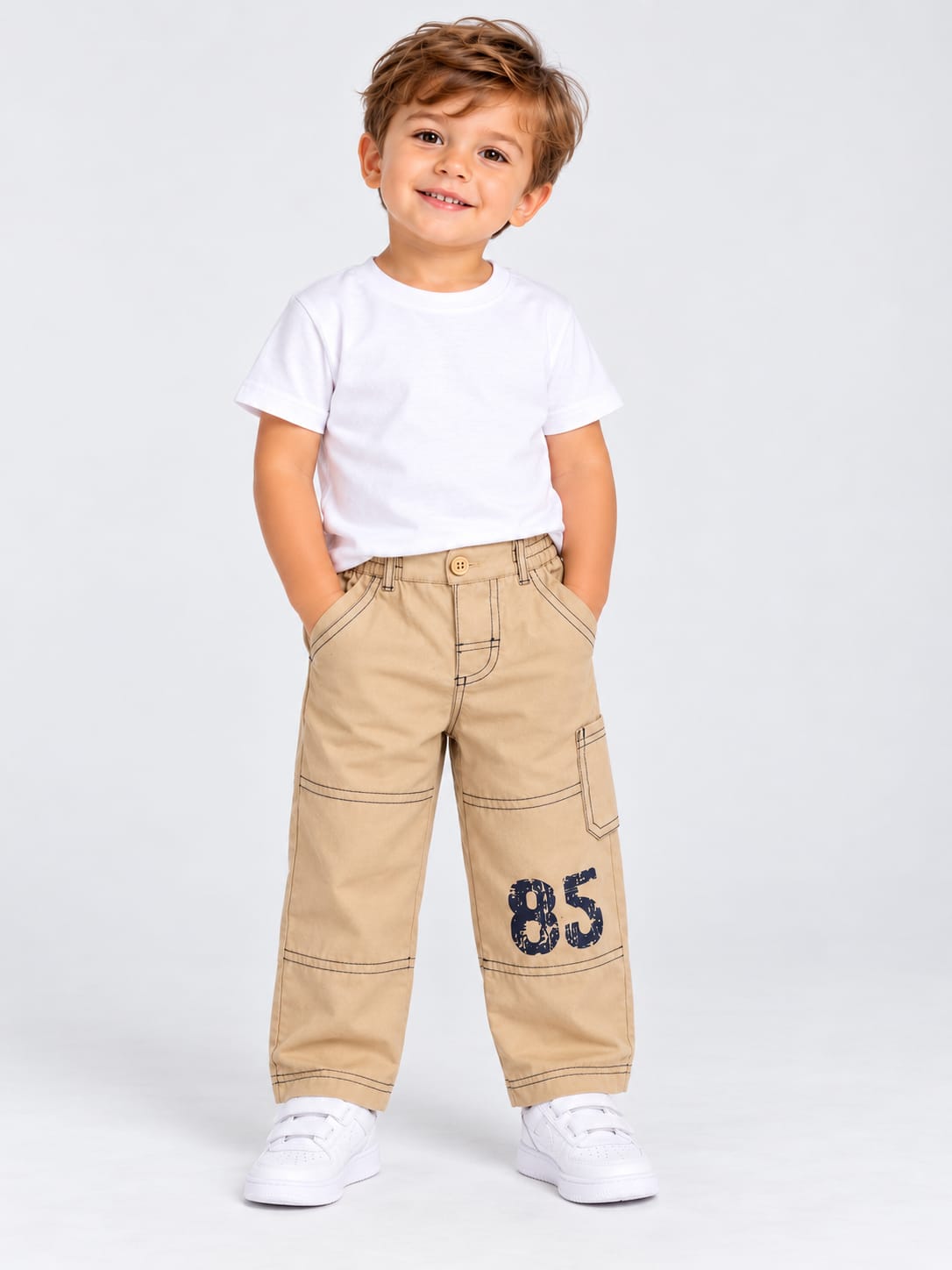 Pantaloni băieți „85” cu buzunare – Bej